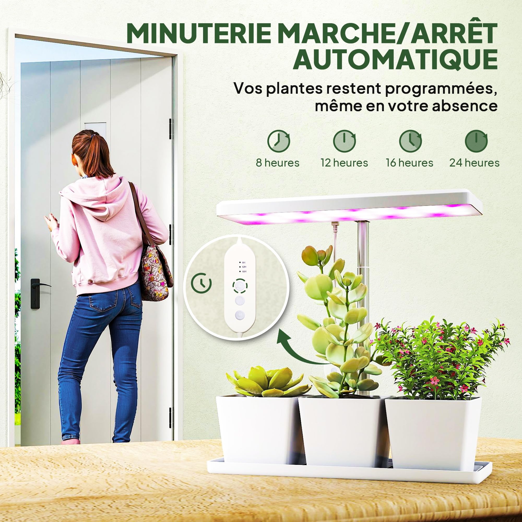 Outsunny Lampe de croissance 10W lampe plante de culture LED à spectre complet avec 3 bacs à fleurs, minuterie marche/arrêt automatique 8/12/16/24 H, 5 niveaux de luminosité, hauteur réglable, blanc
