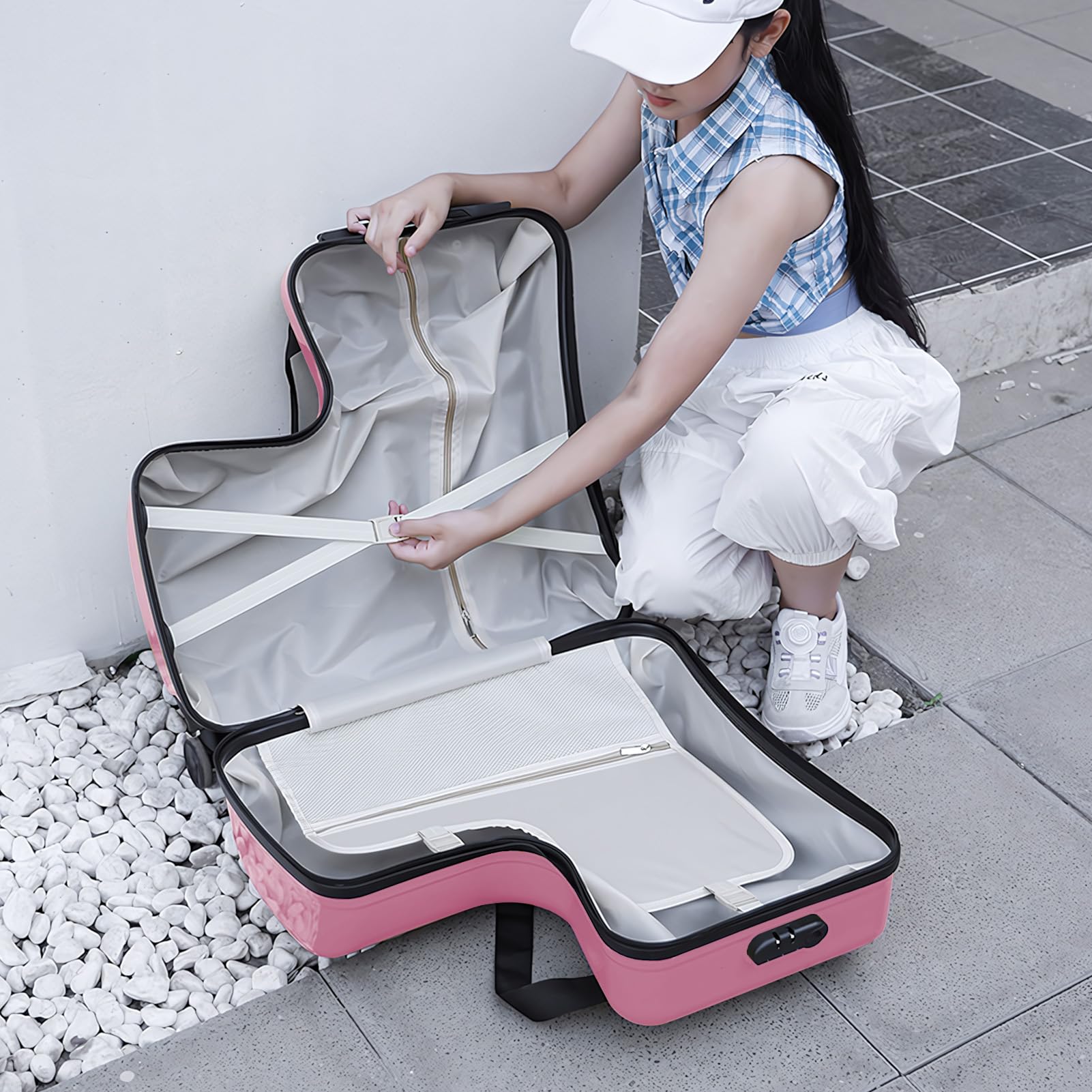 Rolling Kid Trolley mit Sitz, Rosa, Klassisch | Rollen und Gürtel, 4 Lenkrollen, Großes Fassungsvermögen, Für Flugzeug/Zug, Langlebiges Handgepäck