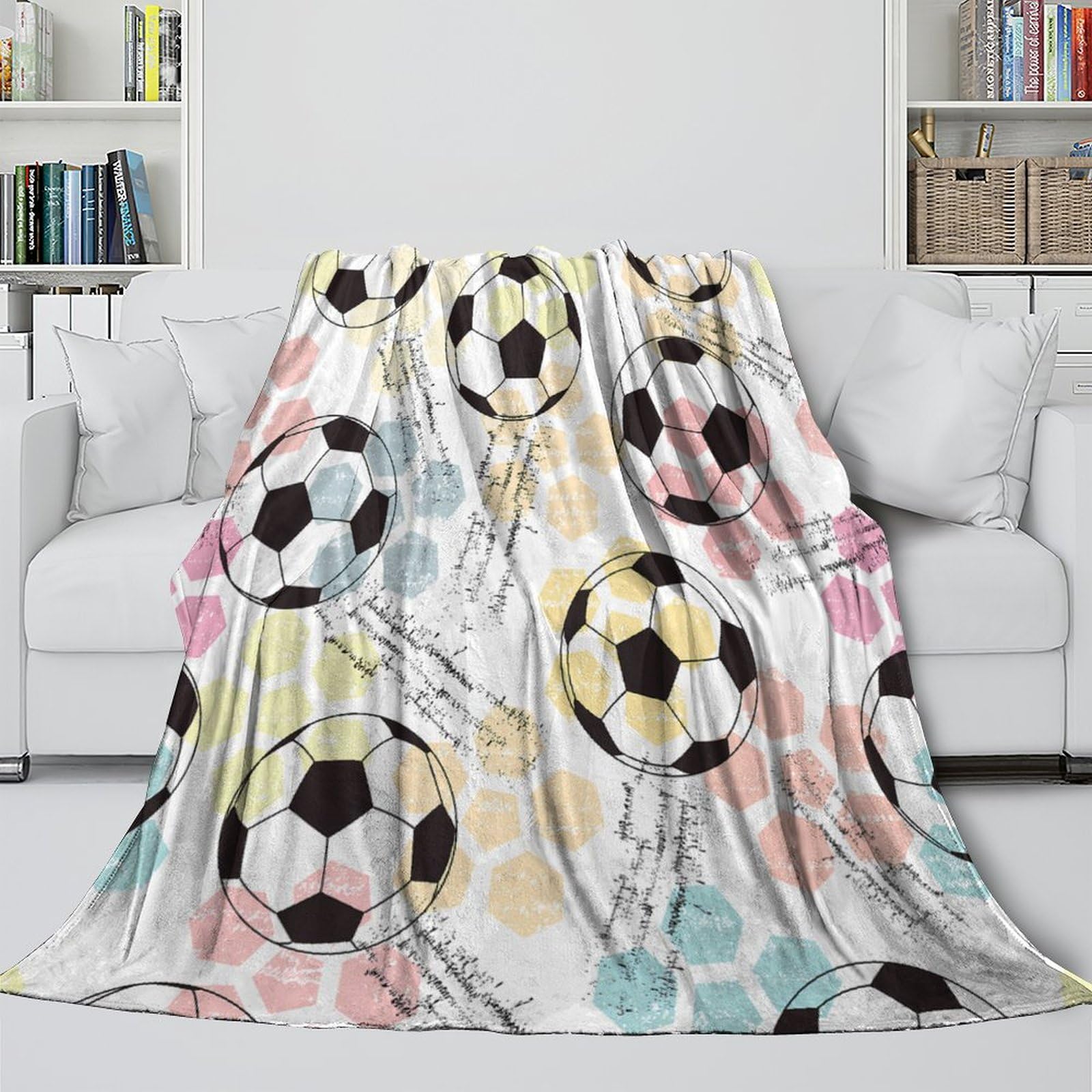 stampa 3D SoccerBallPattern coperta da viaggio microfibra biancheria da letto compatta coperta da viaggio morbida per giovani in vacanza HandDrawnStyle 70×80inch(180x200cm)