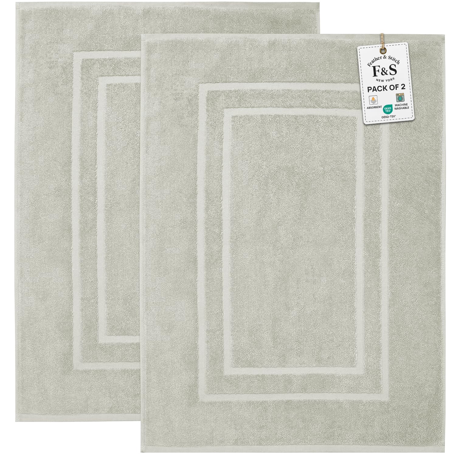 Feather & Stitch 2 Piece Towel Like Bath Mats (30x21 Inch) 100% Cotton Terry Mat for Hotel, Spa, Shower Floor Mats [NOT A Bathroom Rug], Soft