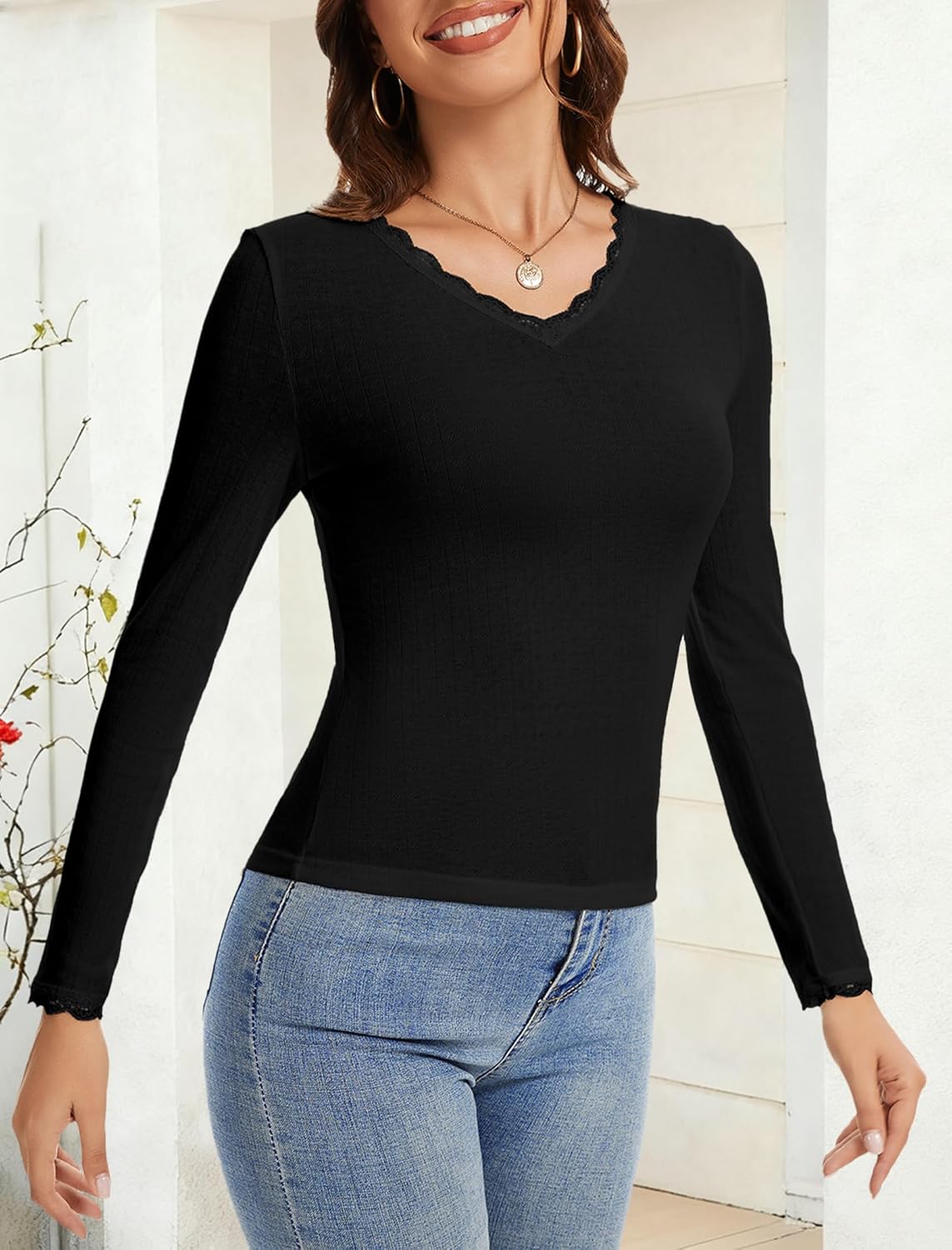Womens Long Sleeve Lace T-Shirts V Neck Layering Basic Shirts Tops Slim Fit Stretch Undershirts Tee 2025 - Image 4