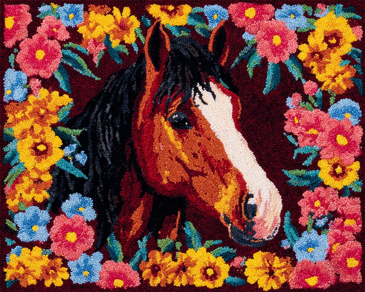 Henypt DIY Latch Hook Rug Kit Horses and Flowers 55x75cm
