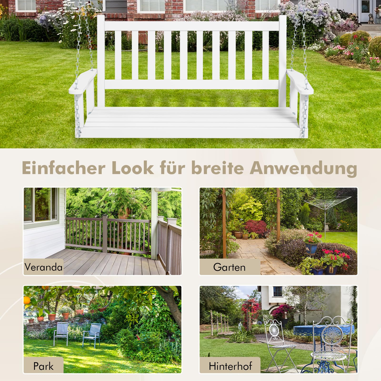 GOPLUS Hängebank, Gartenschaukel aus Pappelholz bis 227kg/360kg belastbar, Hängeschaukel mit Verstellbarer Kette, Hollywoodschaukel Schaukelbank Outdoor für Terrasse Garten Hof (3-Sitzer,Weiß)