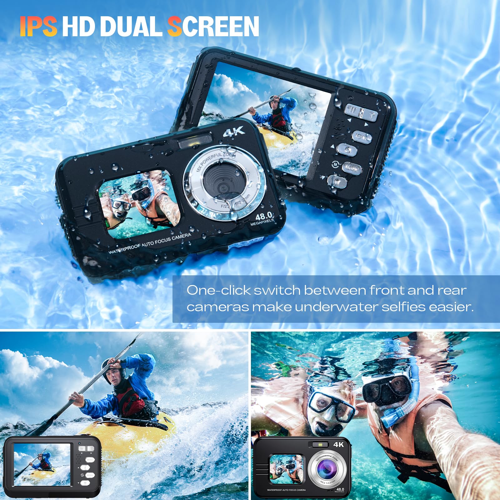 Appareil Photo Numérique HICSHON 4K étanche 48 MP Autofocus Caméra sous-Marine avec Carte mémoire 64 G Selfie Dual écrans avec Zoom 16X, Compact pour Enfants/débutants (Noir)