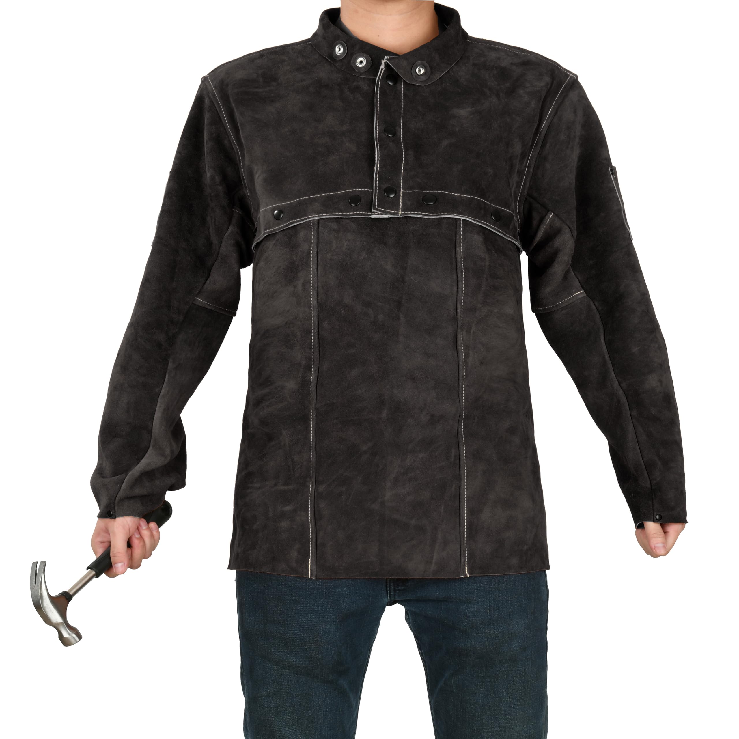 LeaSeek Leder Schweißjacke, Flammbeständige Hochleistungs-Split Rindsleder Leder Offene Zurück Schweißer Jacke für Männer & Frauen