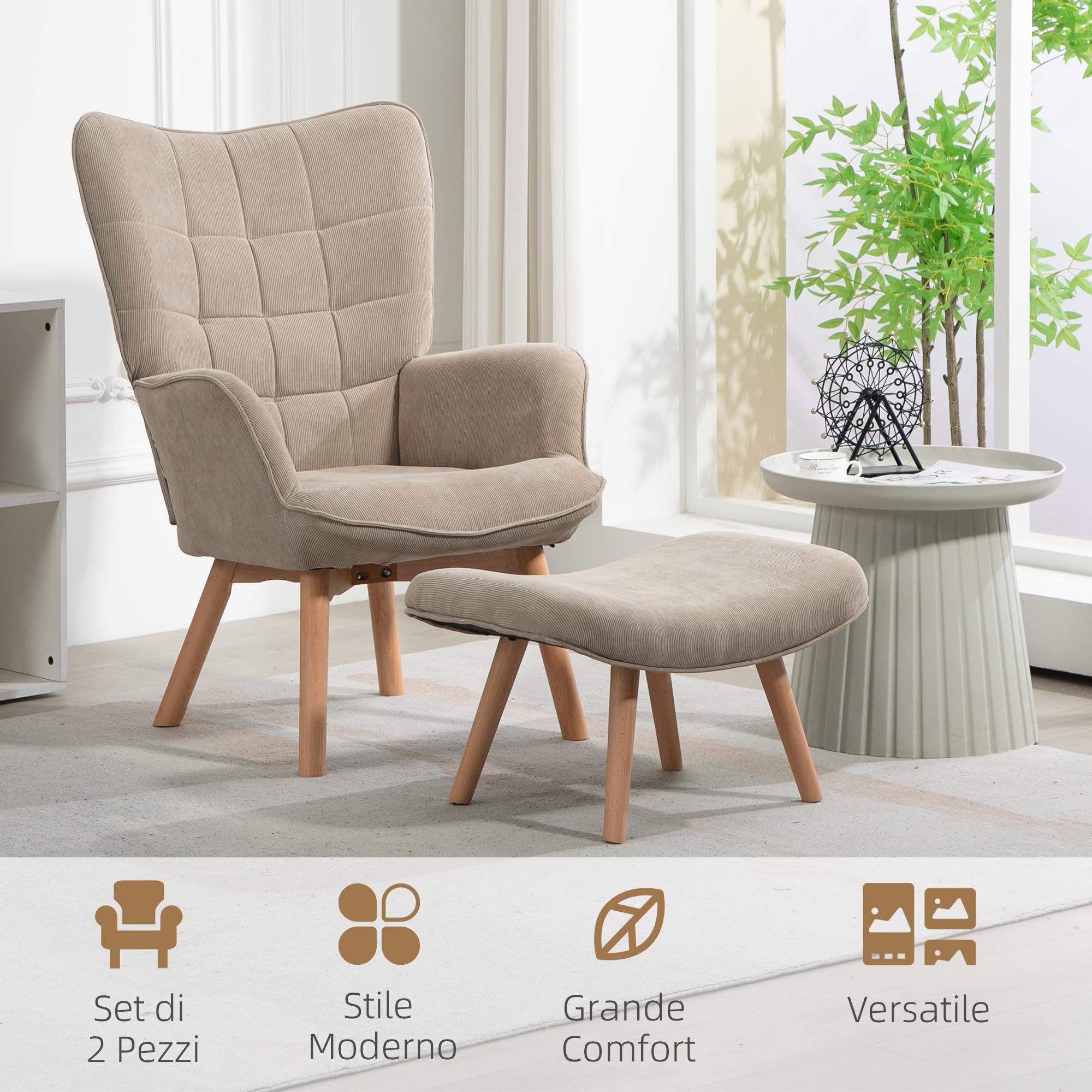 HOMCOM Poltrona con Poggiapiedi Coordinato Stile Contemporaneo, Poltroncina da Salotto in Tessuto Effetto Velluto con Gambe in Legno di Faggio per Salotto e Soggiorno, 72x80x101 cm, Marrone Chiaro