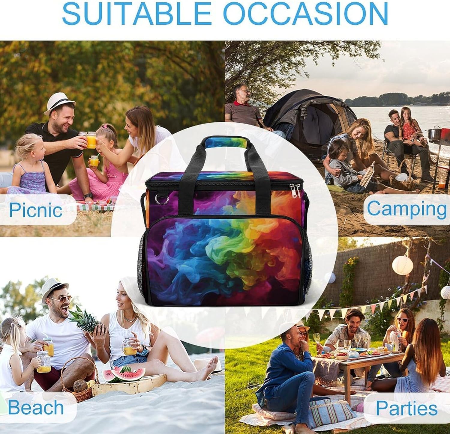 Large Capacity Oxford Cloth Rainbow Smoke Printed Camping Ice Bag, Outdoor Portable Insulation and Cooling Bag, Suitable for Outdoor Camping and Picnics