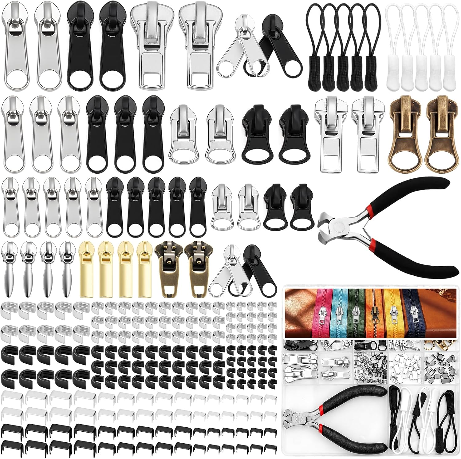 Jupwalz 203 Pcs Zipper Repair Kit with Pliers Includes Zipper Replacement and Pull, Universal Zippers Replacement kit for Clothing, Jackets, Coats, Boots, Purses, and Outdoor Gear