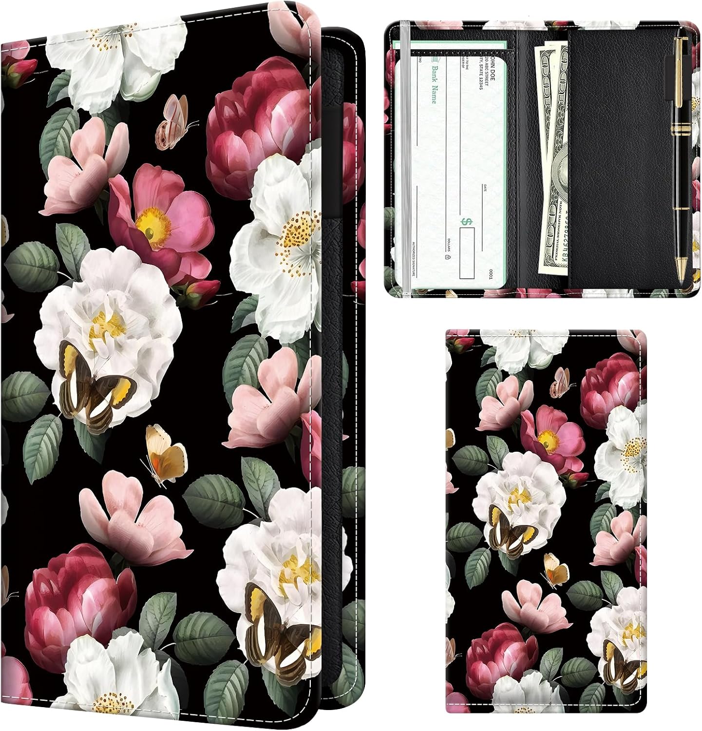 Checkbook Cover for Personal Checkbook, Cute Pu Leather Check Book for Women & Men, Slim Checkbook Holder with Pen Holder and Built-in Clear Plastic Divider, Dark Floral