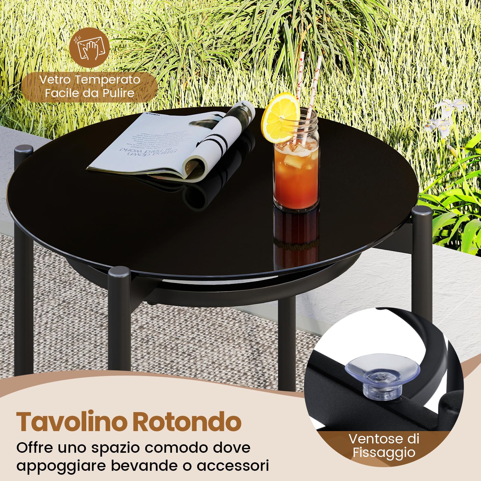COSTWAY Set da Bistro da Esterno in 3 Pezzi con Vimini PE, Set Conversazione da Patio con Tavolino da Caffè in Vetro Temperato e Sedie in Rattan, Mobili per Esterni per Balcone, Terrazza e Giardino