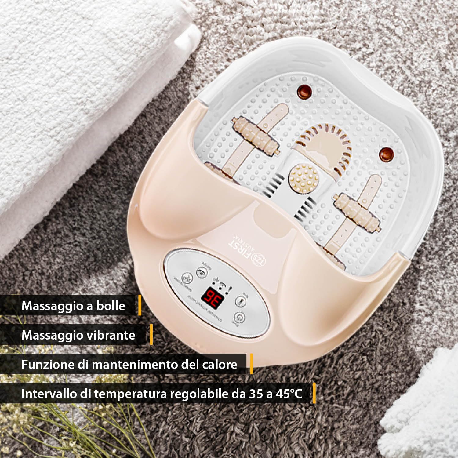 TZS First Austria - Pediluvio Massaggiatore Digitale - 450W - Display LED & Luce Rossa - Fino al Numero 43 - Idromassaggio Plantare Elettrico - 3 Accessori, Protezione Antischizzo & Box Aroma - Beige