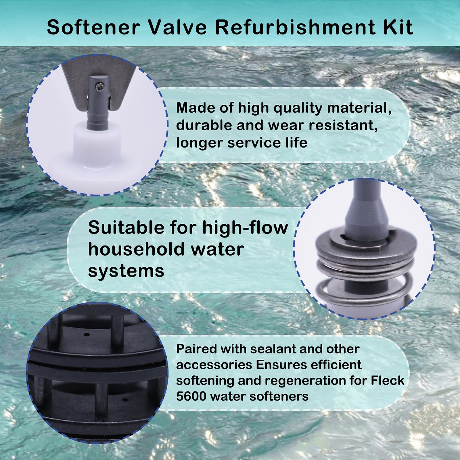 Kit de rehabilitación de válvula suavizante compatible con Fleck 5600, incluye pistón principal suavizante 60102-00, sellos y espaciadores 60125, tornillos, pistón de salmuera 60032 y sello inferior