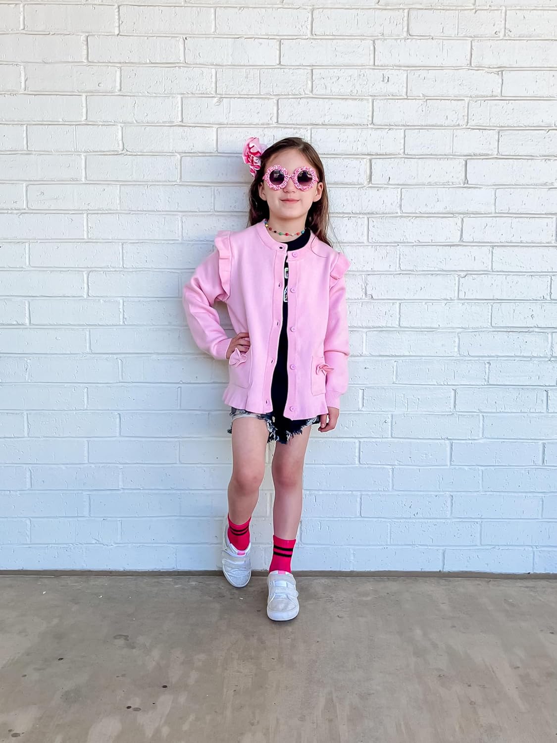 Girls Cardigan Sweater School Uniforms Button Crewneck Cute Ruffle Long Sleeve with Pockets Bowknot Knit Tops - Image 4