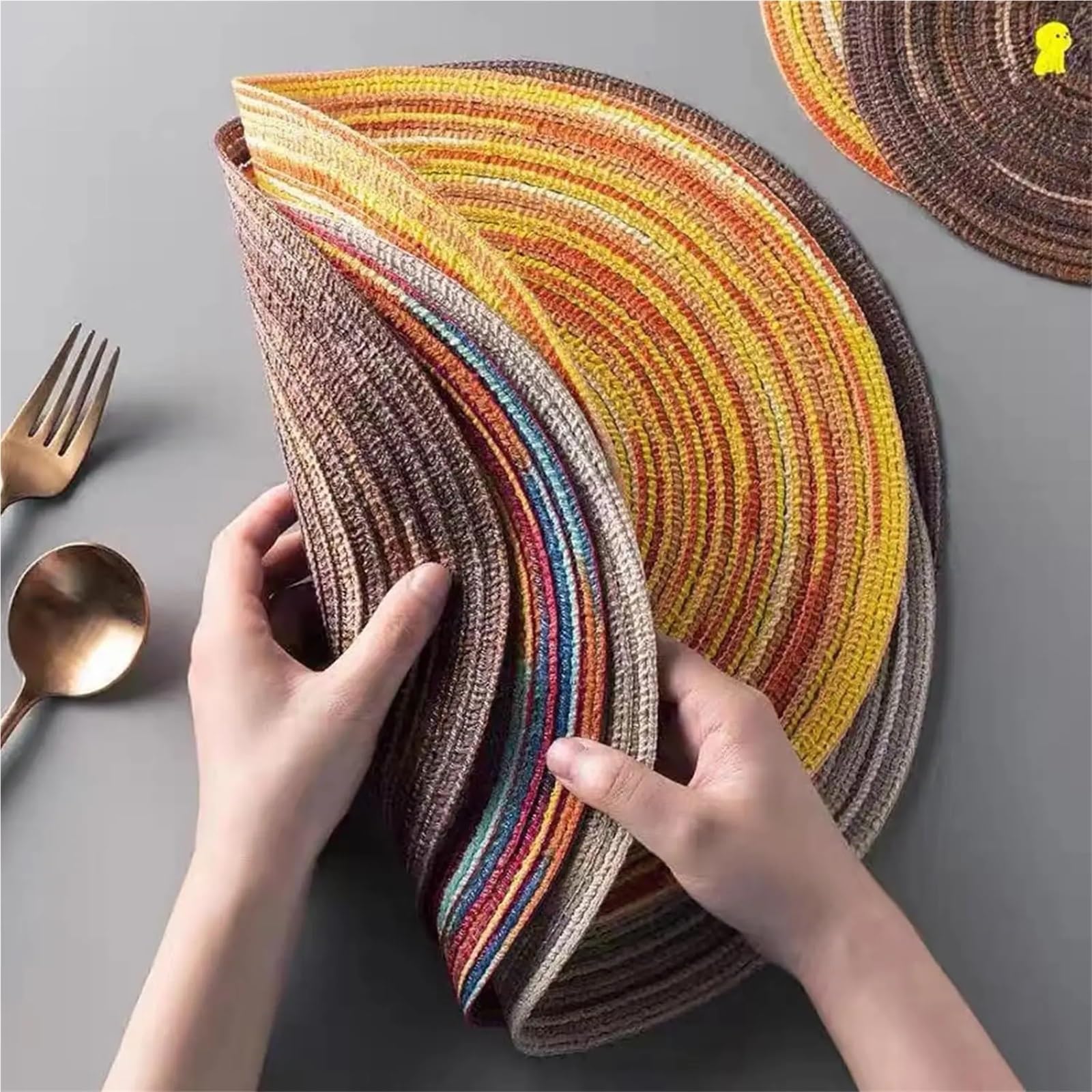 Set De Table Tressé Rond Napperon en Coton tissé Rond, 34/38cm, Tapis de Table résistants à la Chaleur, sous-Verres lavables(Rainbow Grey,Set of 6)
