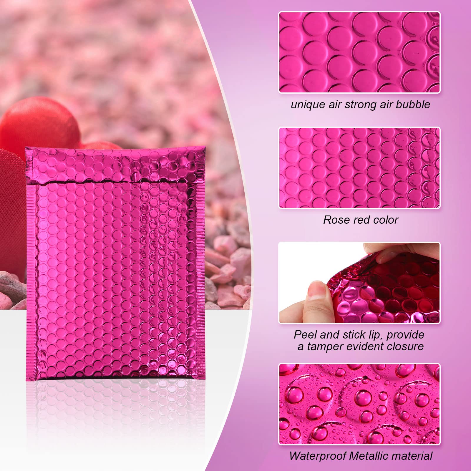 50 buste imbottite metallizzate con bolle per spedizione, buste in polietilene con glitter imbottite, buste adesive con chiusura adesiva, per spedizioni di imballaggio (rosa rosso)
