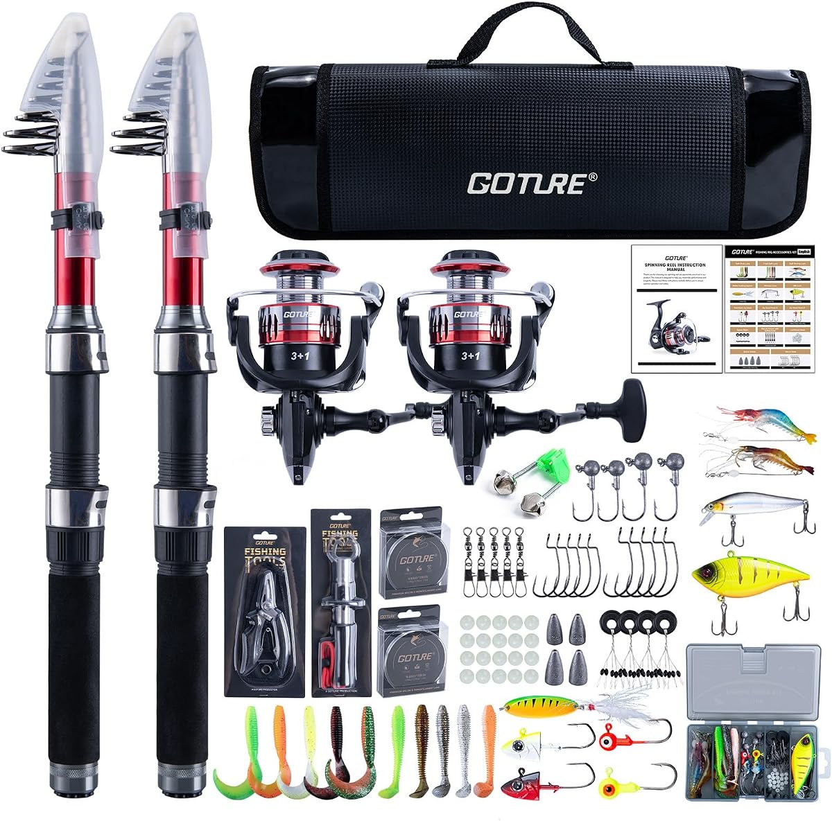 Goture 2-Pack 2.1M Fishing Rod and Reel Combo with Carrier Bag | 2PCS Telescopic Fishing Pole,2PCS Spinning Reel,Line,Lures,Pliers,Gripper, for Saltwater and Freshwater Travel,Starter Kit
