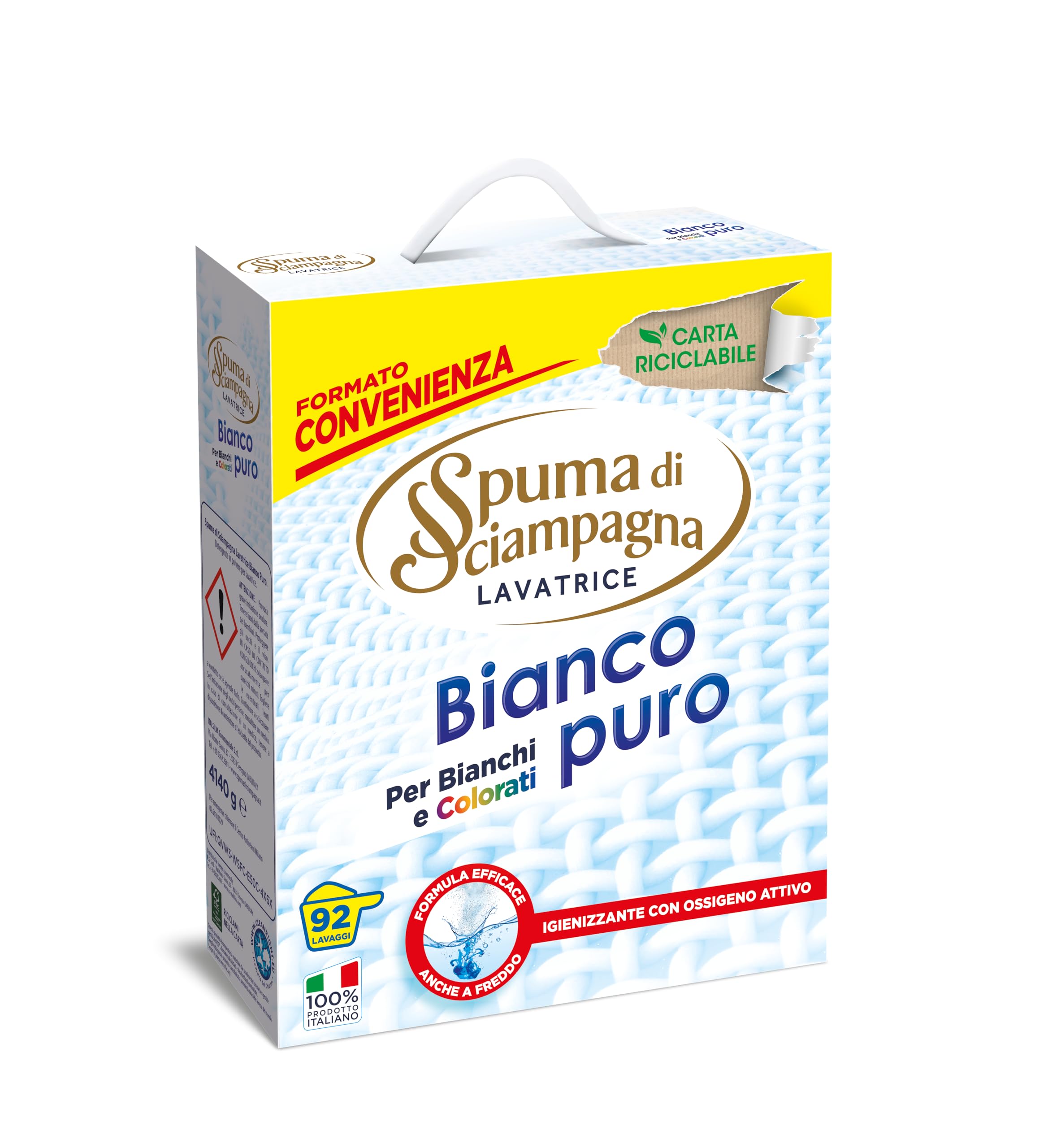 Spuma di Sciampagna - Czysty biały proszek do prania w proszku, skoncentrowana formuła o działaniu antyszarym, jaskrawe kolory, dezynfekcja z aktywnym tlenem - 4140 g - 92 prania
