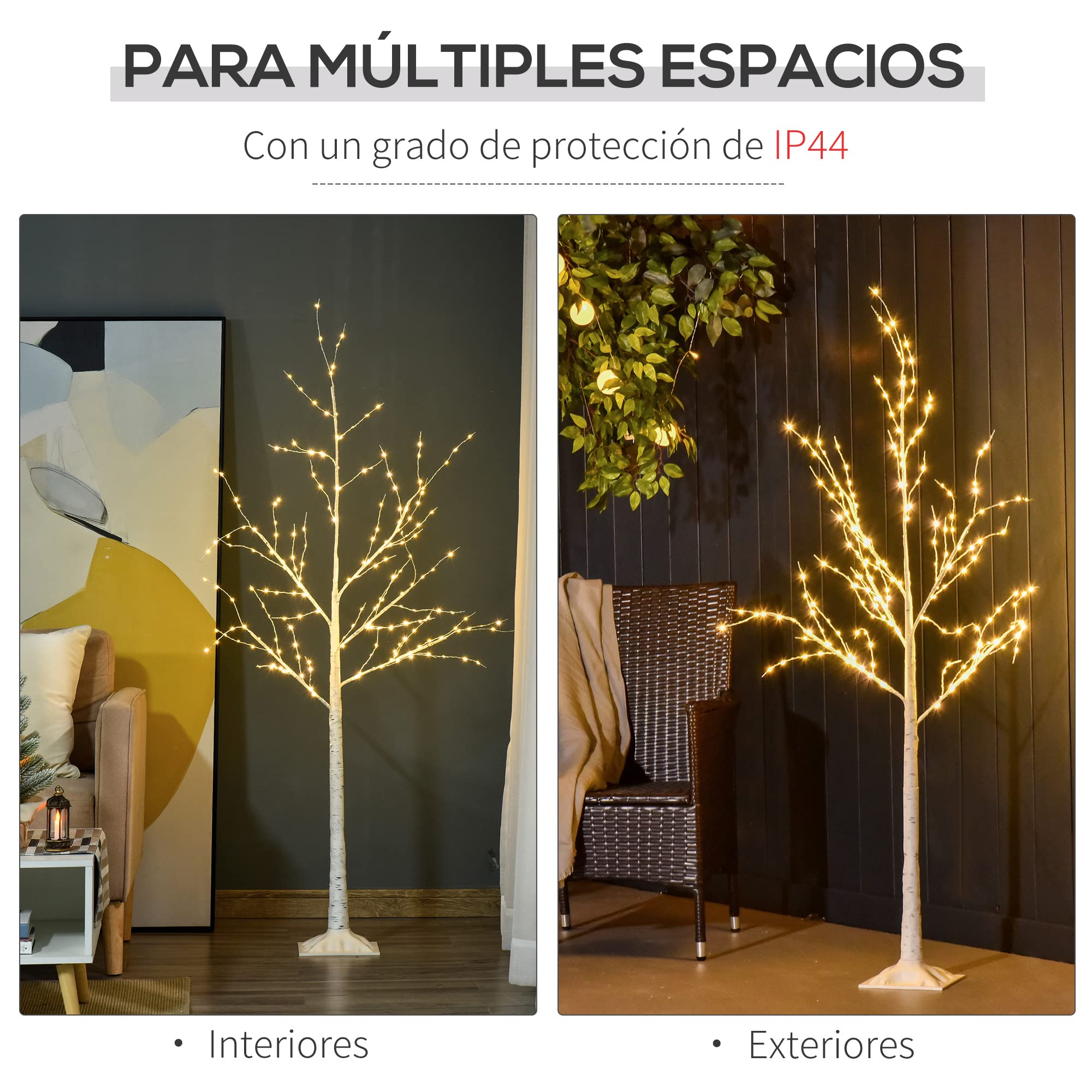 Outsunny Árbol de Abedul 150 cm de Altura con 210 Luces LED en Blanco Cálido Ramas Flexibles y Base para Decoración de Fiestas Cumpleaños Bodas 20x20x150 cm Blanco
