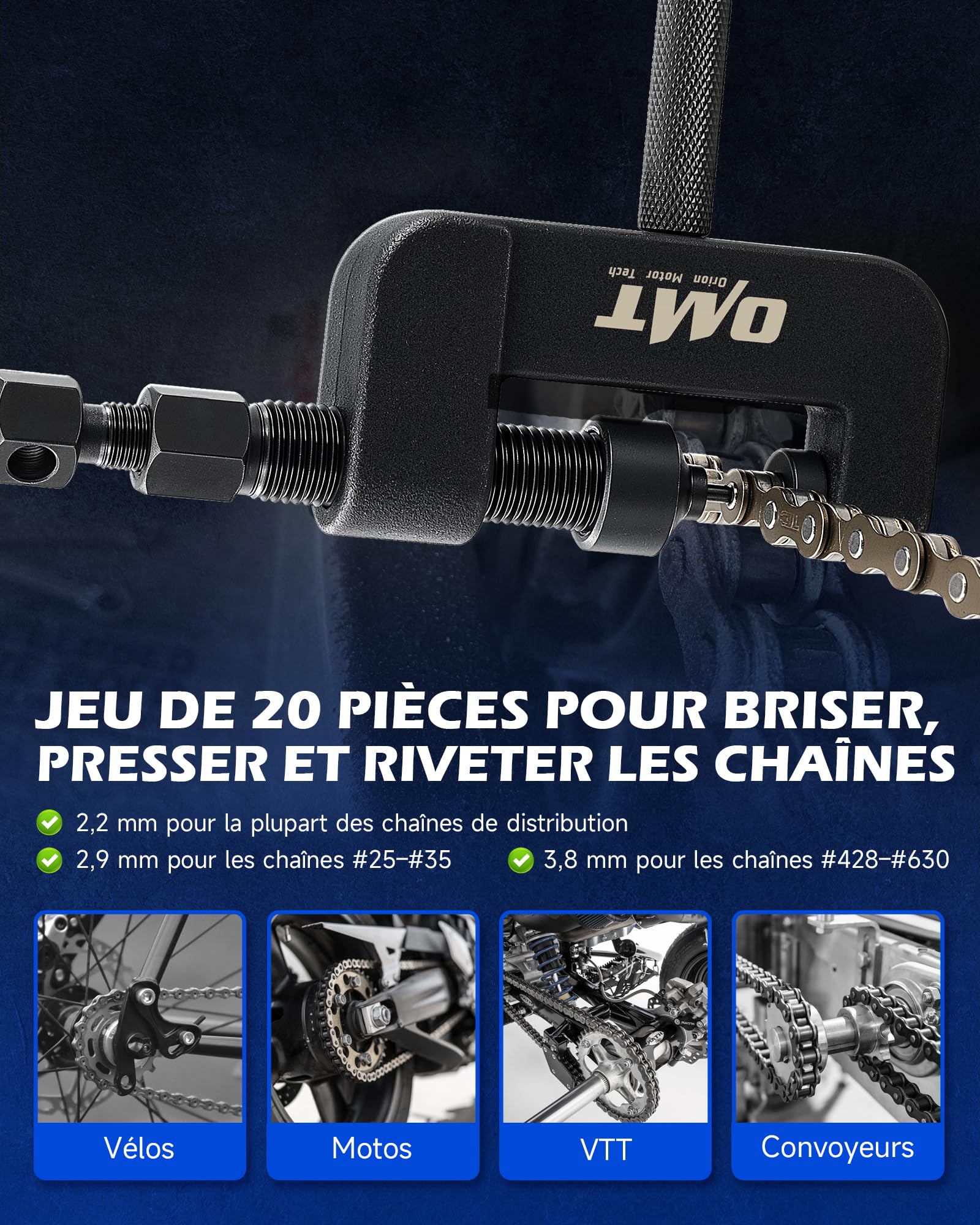 Orion Motor Tech Dérive Chaîne Moto et Rive Chaîne Kit 20 Pièces, Riveteuse de Chaîne avec Cadre en C Renforcé, Coupe-Chaîne pour Moto, Vélo et ATV (Tailles 25 à 630)