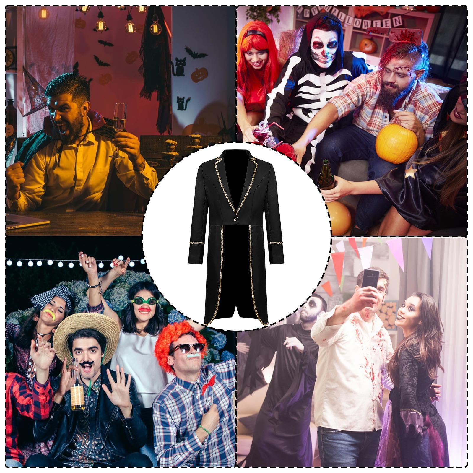 Steampunk Tailcoat - Disfraz vintage de Halloween con ribete dorado para