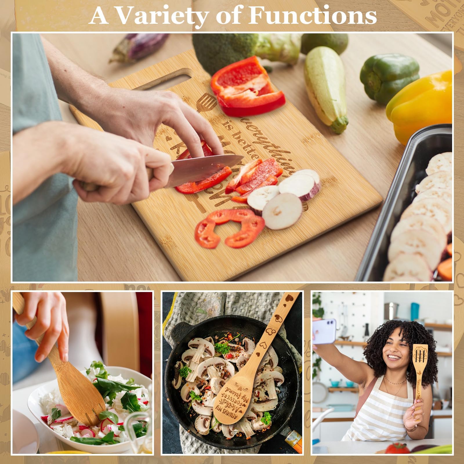 Regalos de cocina para mamá, regalos para el día de la madre de parte de la hija, ideas de regalo de cumpleaños para mamá con tabla de cortar, cucharas de madera, delantales, guantes de horno, soporte