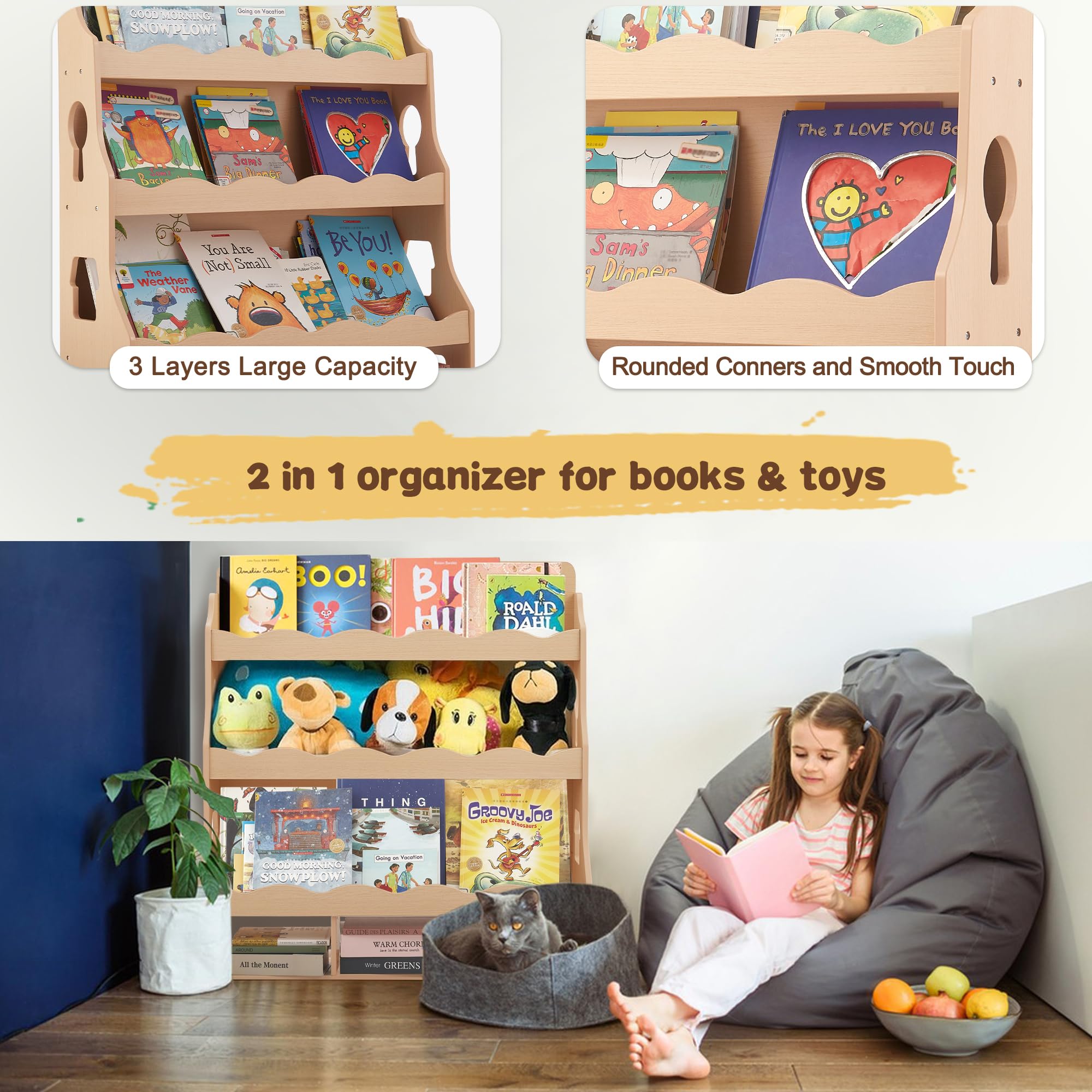 Estantería de madera para niños, estantería para habitaciones infantiles con bordes festoneados, estantería duradera para niños con 3 cubos para libros y juguetes, estantería Montessori para 6