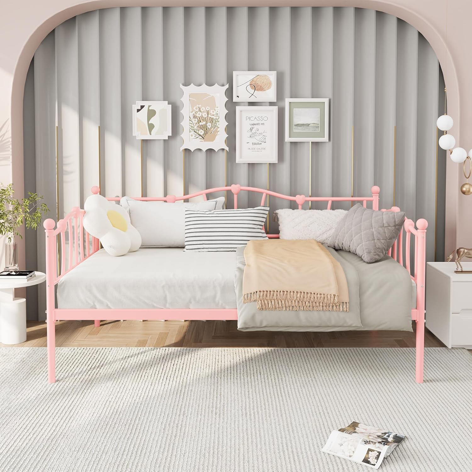 GarveeHome Twin Size Daybed Frame, Sofa Bed with Stylish Headboard, Heavy Duty Steel Slat Support, Space Saving for Living Room/Bedroom/Guest Room, Pink
