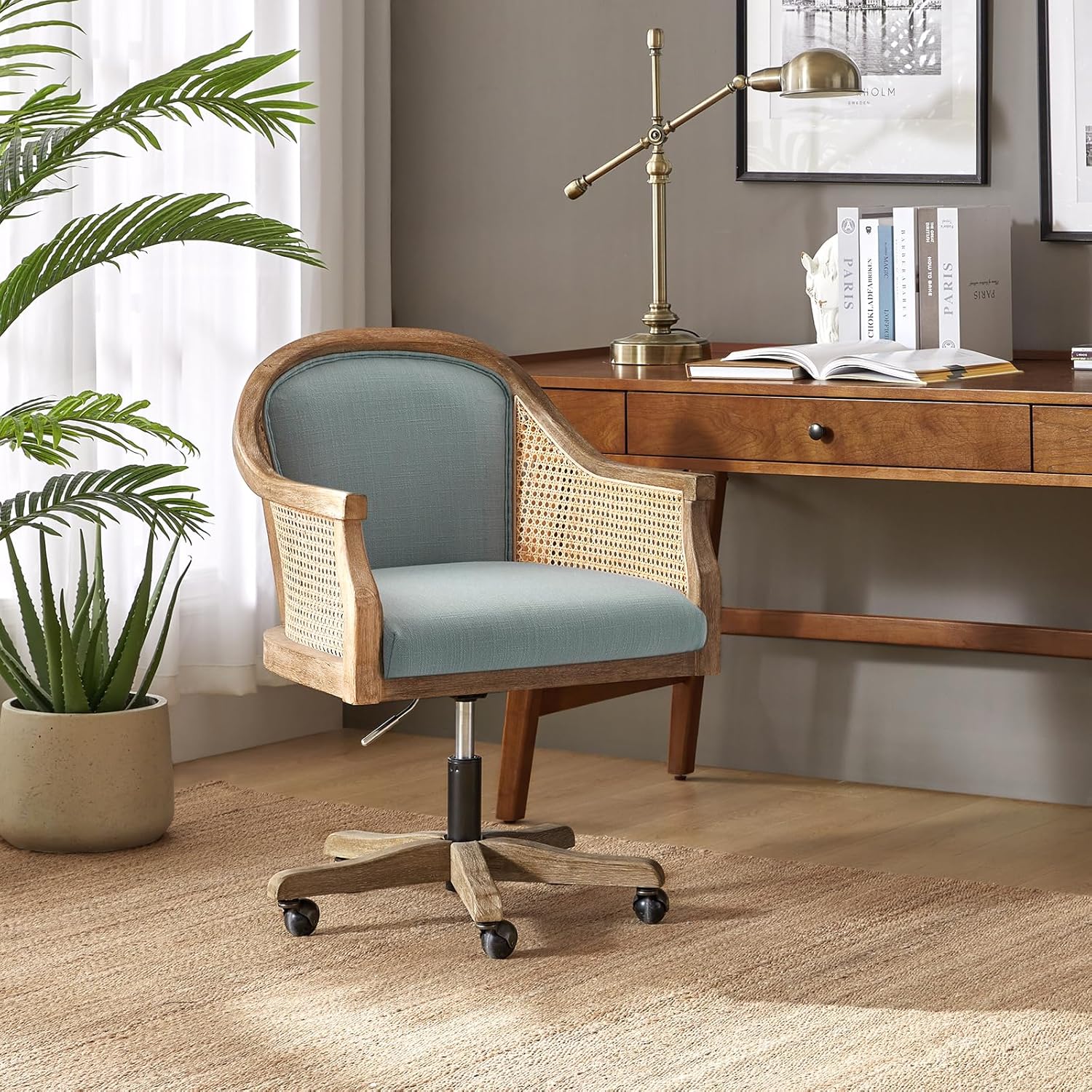 TINA'S HOME Rattan Desk Chair, Wood Upholstered Home Office Chair with Armrest, Adjustable Swivel Rolling Height Computer Task Chair for Living Room Bedroom Study Room, Blue