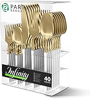 Vista 281 de Party Bargains Disposable Plastic Black Gold Cutlery Set, Infinity Modern Design Utensils, 40 Pack: 16 Forks, 8 Knives, 16 Spoons