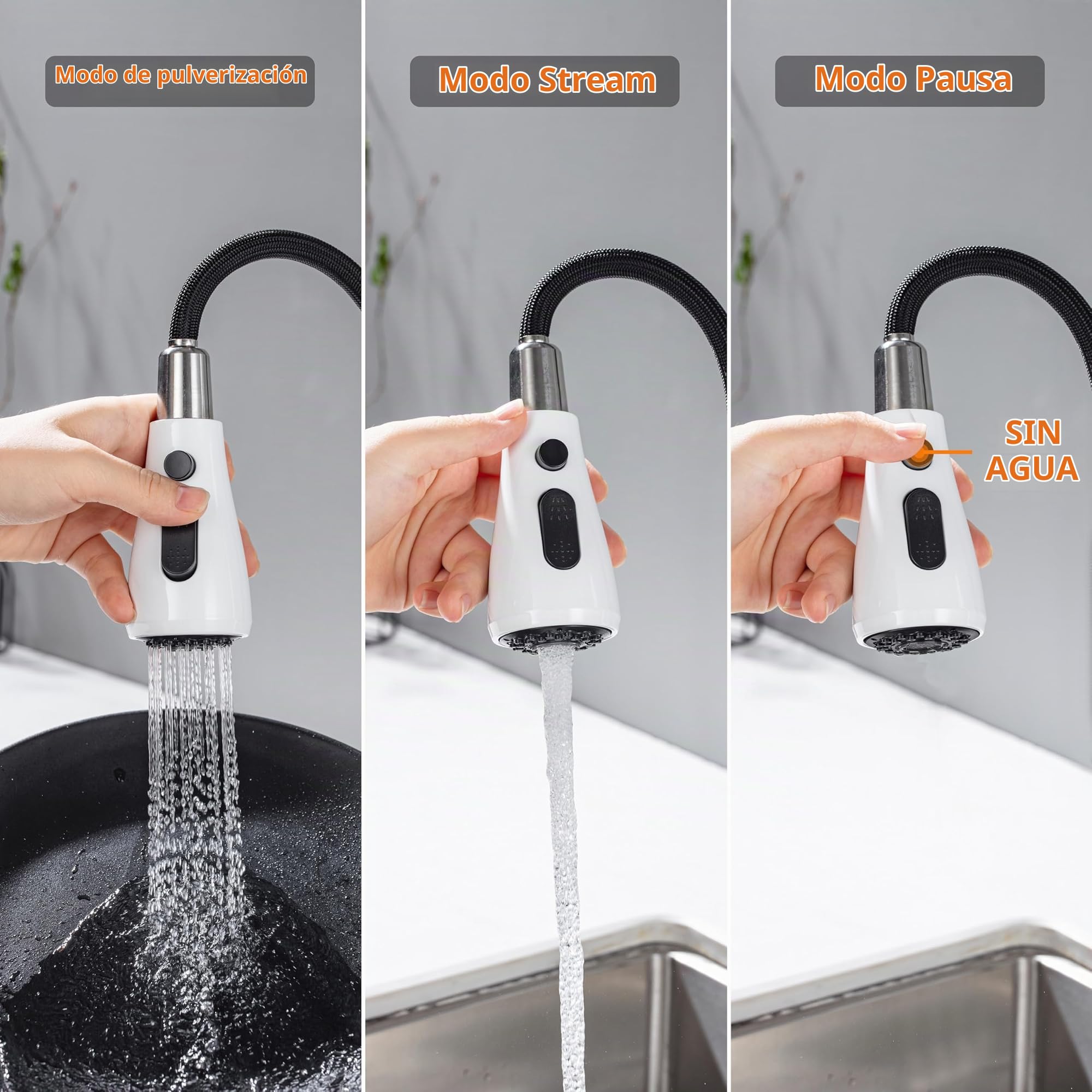 Grifo de cocina, extraíble, blanco, con ducha, giratorio de 360 ​​°, mezclador, cromado, de fregadero de una sola palanca