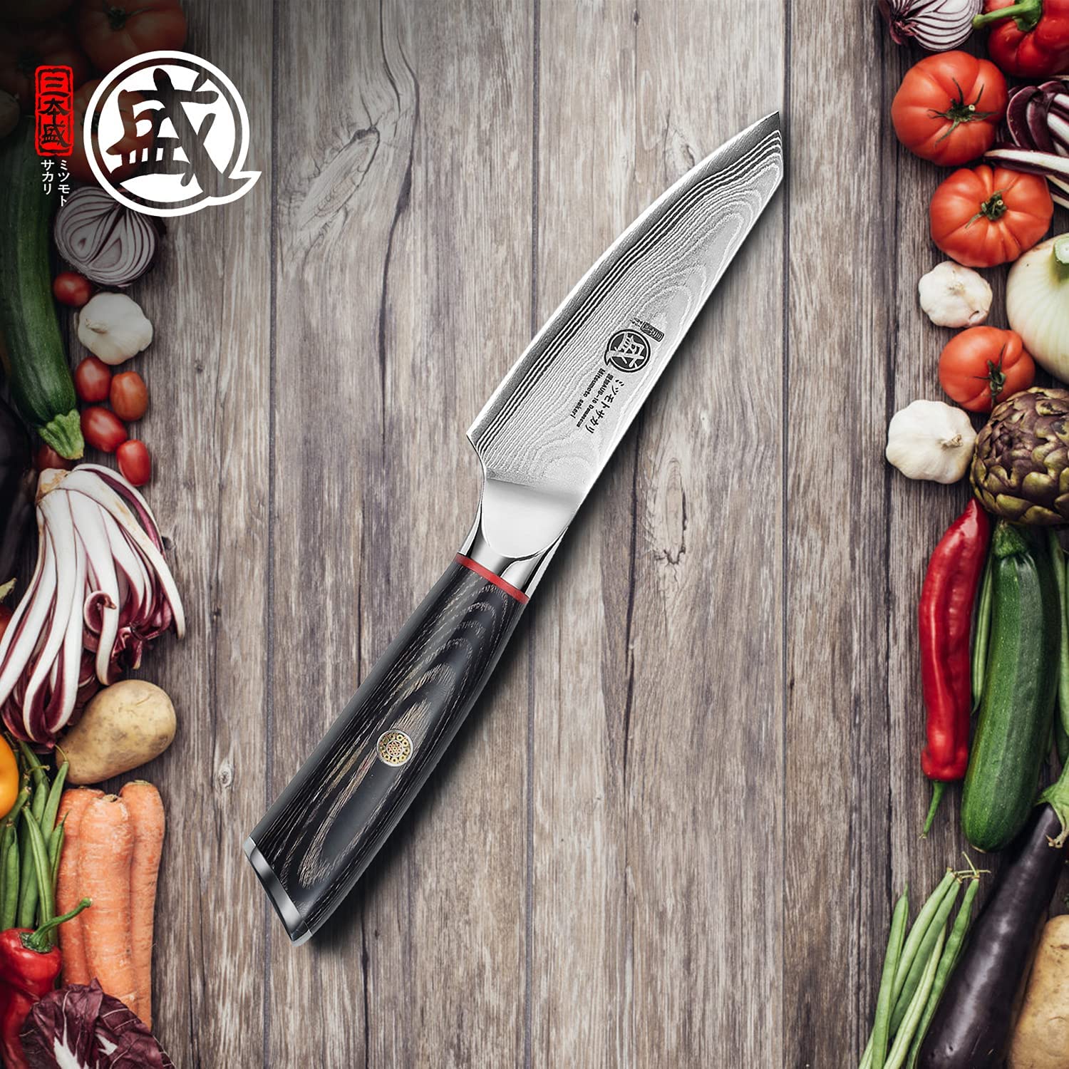 MITSUMOTO SAKARI 10 cm Cuchillo Japonés Pequeños, Cuchillo Aus-10 Full Tang | Cuchillos Cocina Profesional Fruta de Damasco, Cuchillo Mondador Forjado a Mano, Mango de Madera Pakka, Caja de Regalo