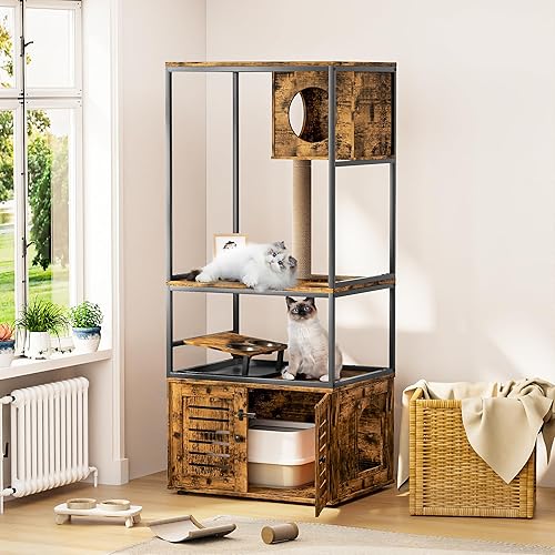 Lamerge Árbol para gatos con caja de arena, caja de arena grande todo en 1, condominio para gatos con postes rascadores y cuenco de alimentación