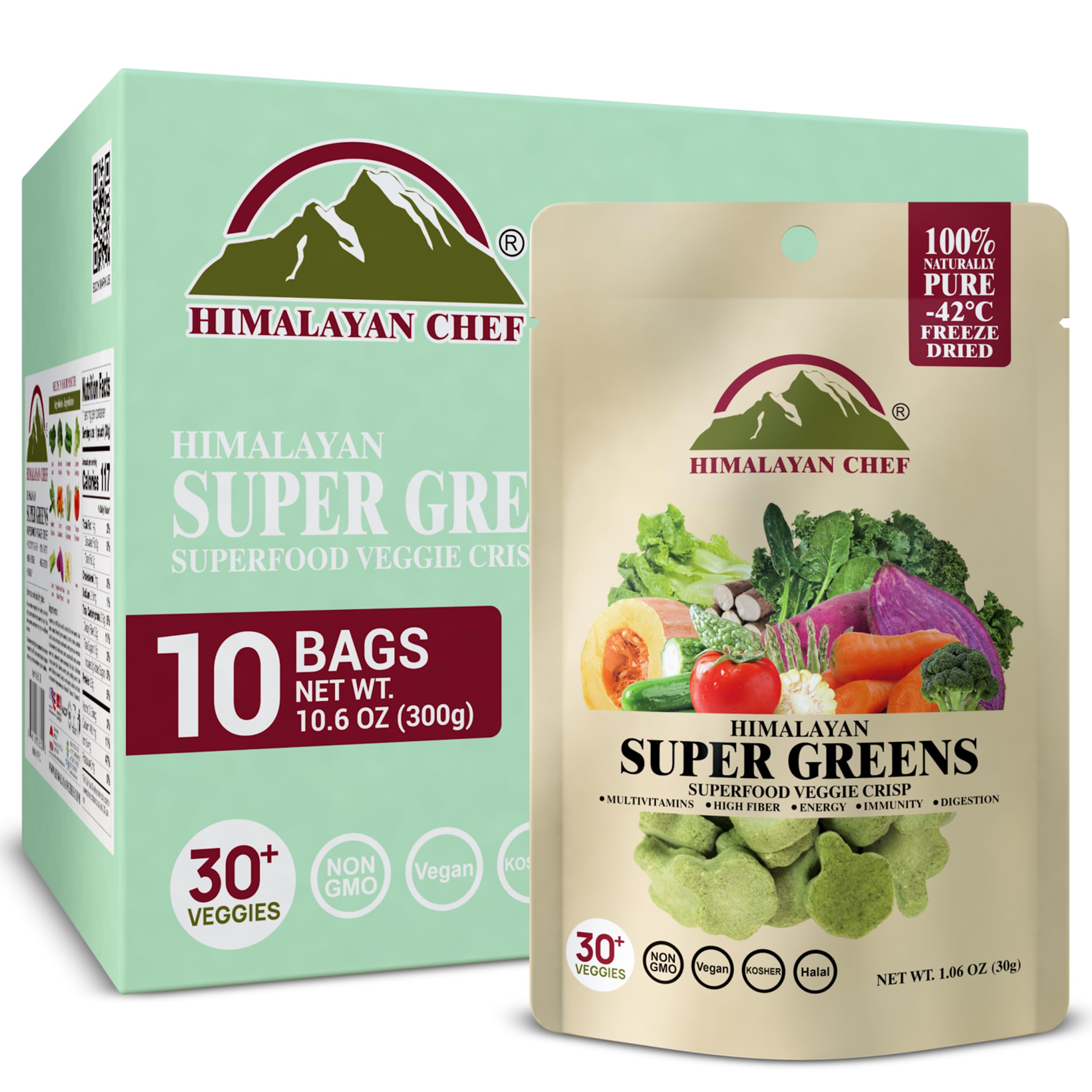 Himalayan Chef Super Greens Veggie Crisp 30g each Freeze-Dried Superfood Snack 30+ Organic Green Veggie Mix Protein-Rich, Nutrient-Packed, Gluten-Free 10 Pack
