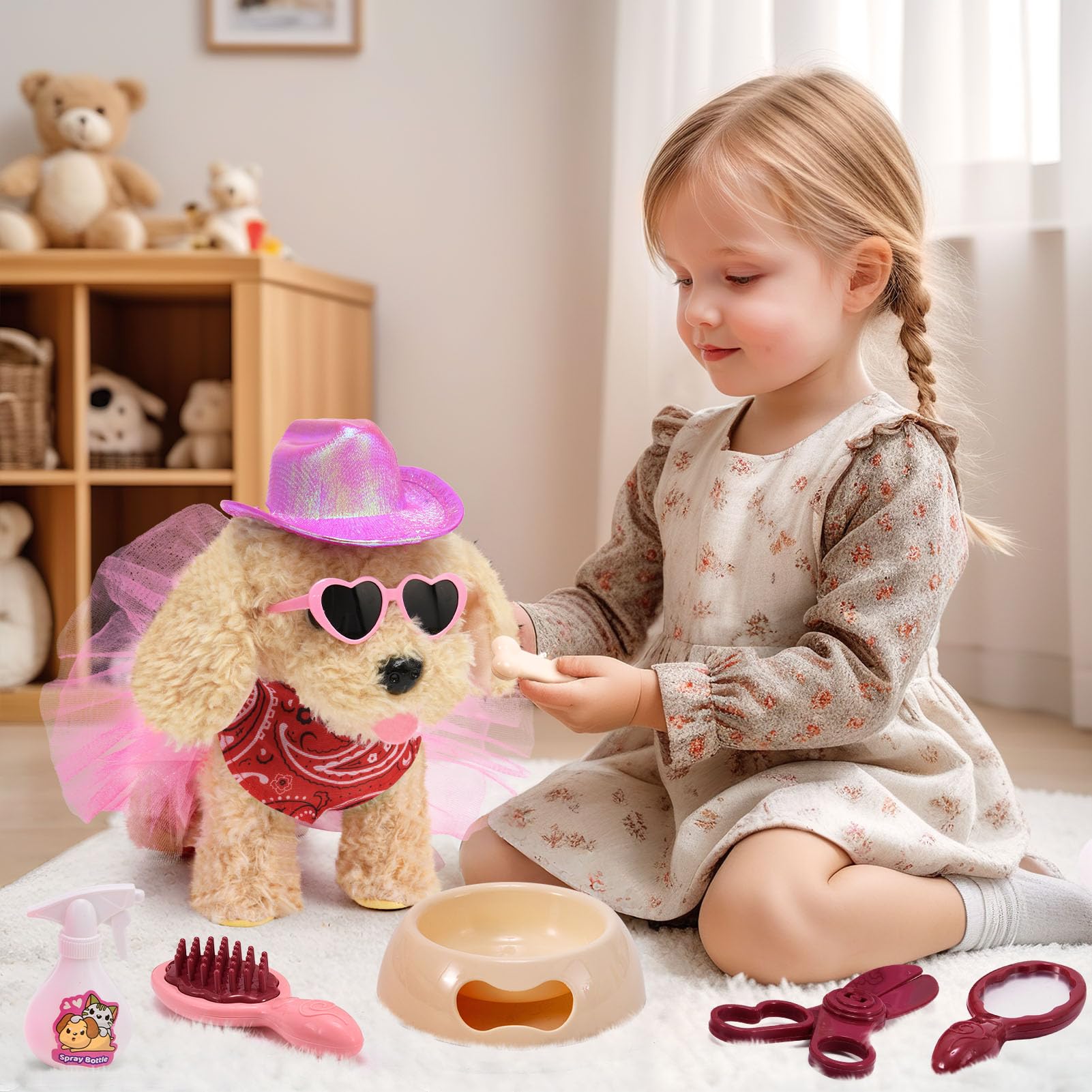 Toyssa Perrito Juguete Ladra y Anda con Correa, Perro Peluche Juego de Roles Vestirse Alimentar Bañar Perro Juguete Interactivo Cumpleaños Navidad Regalo Niña Niño 3 4 5 6 7 Años