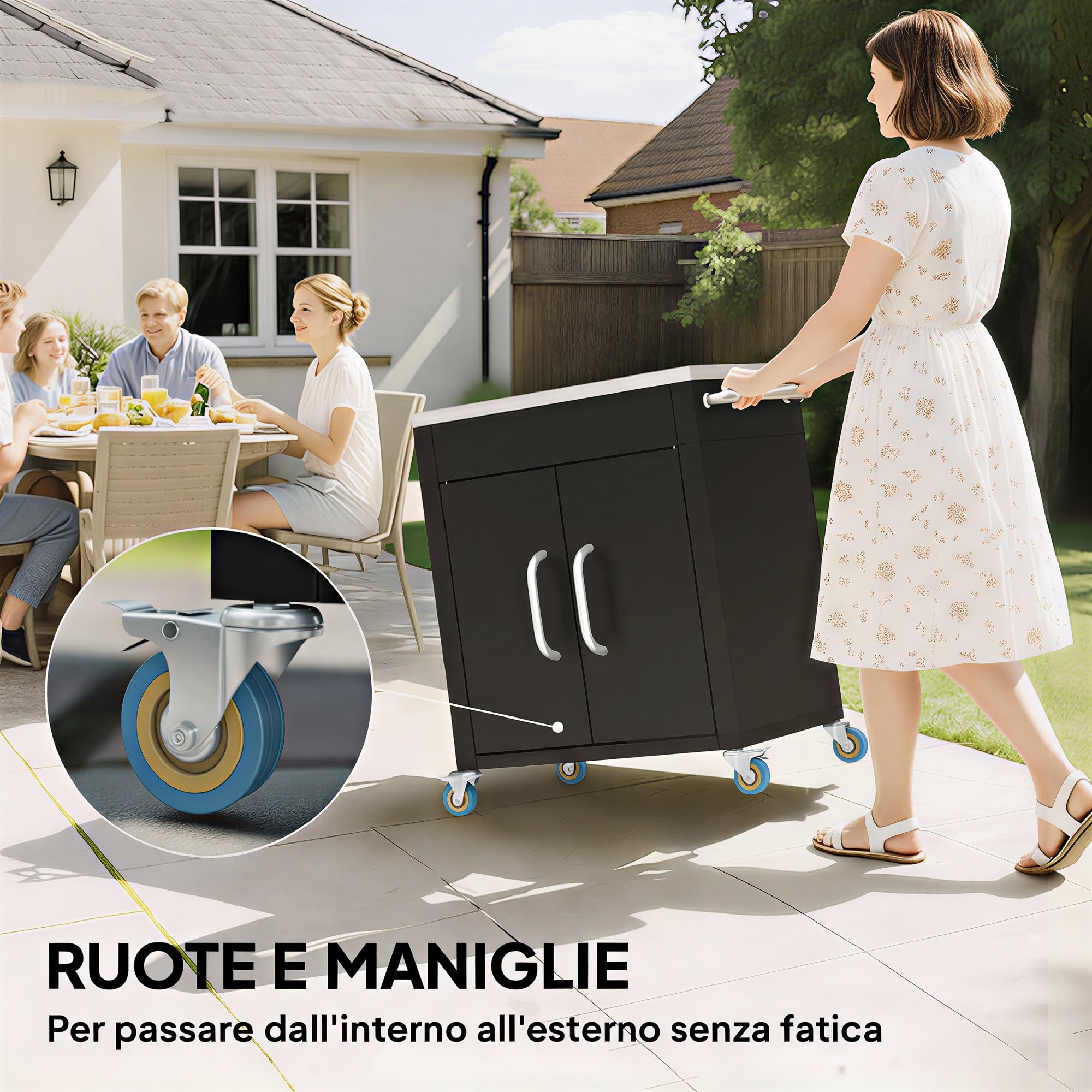 HOMCOM Carrello Barbecue con Piano in Acciaio Inox Tavolo da Cucina da Esterno con Ruote, Maniglia, 6 Ganci, Armadietto Contenitore 86x50x86.5 cm Nero