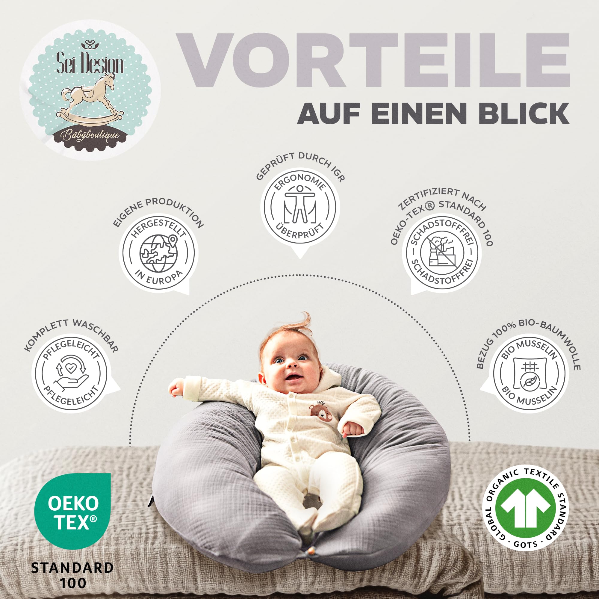 Sei Design XXL Stillkissen 190 cm x 35 cm Musselin-Bezug ergonomisch Schwangerschaftskissen Seitenschläferkissen Komfortkissen Bio-Baumwolle