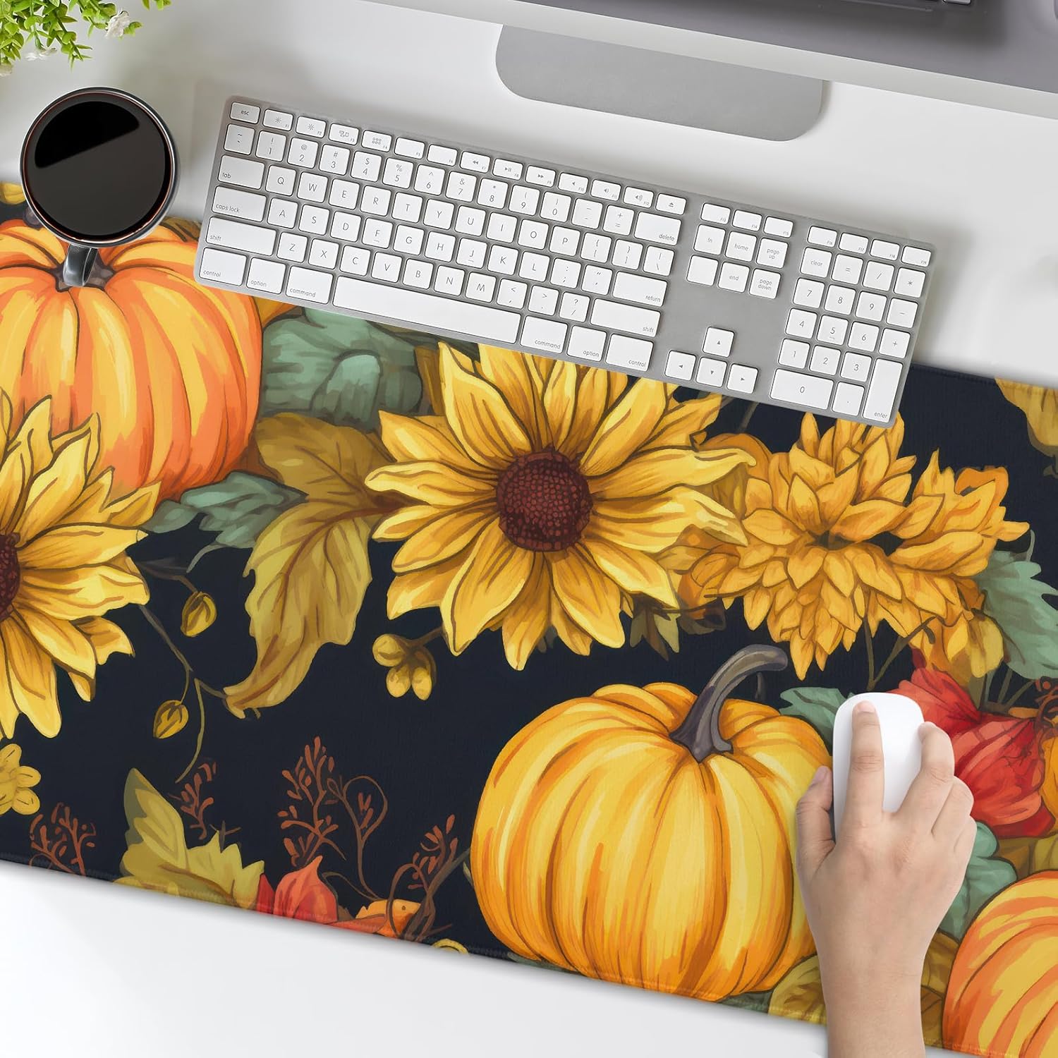 Fall Pumpkin Sunflower Mouse Pad 35.4x15.7 XXL Autumn Leaf Floral Watercolor Extended Mousepad Large Keyboard Mouse Mat Desk Pad with Non-Slip Rubber Base Stitched Edges for Home Office Game