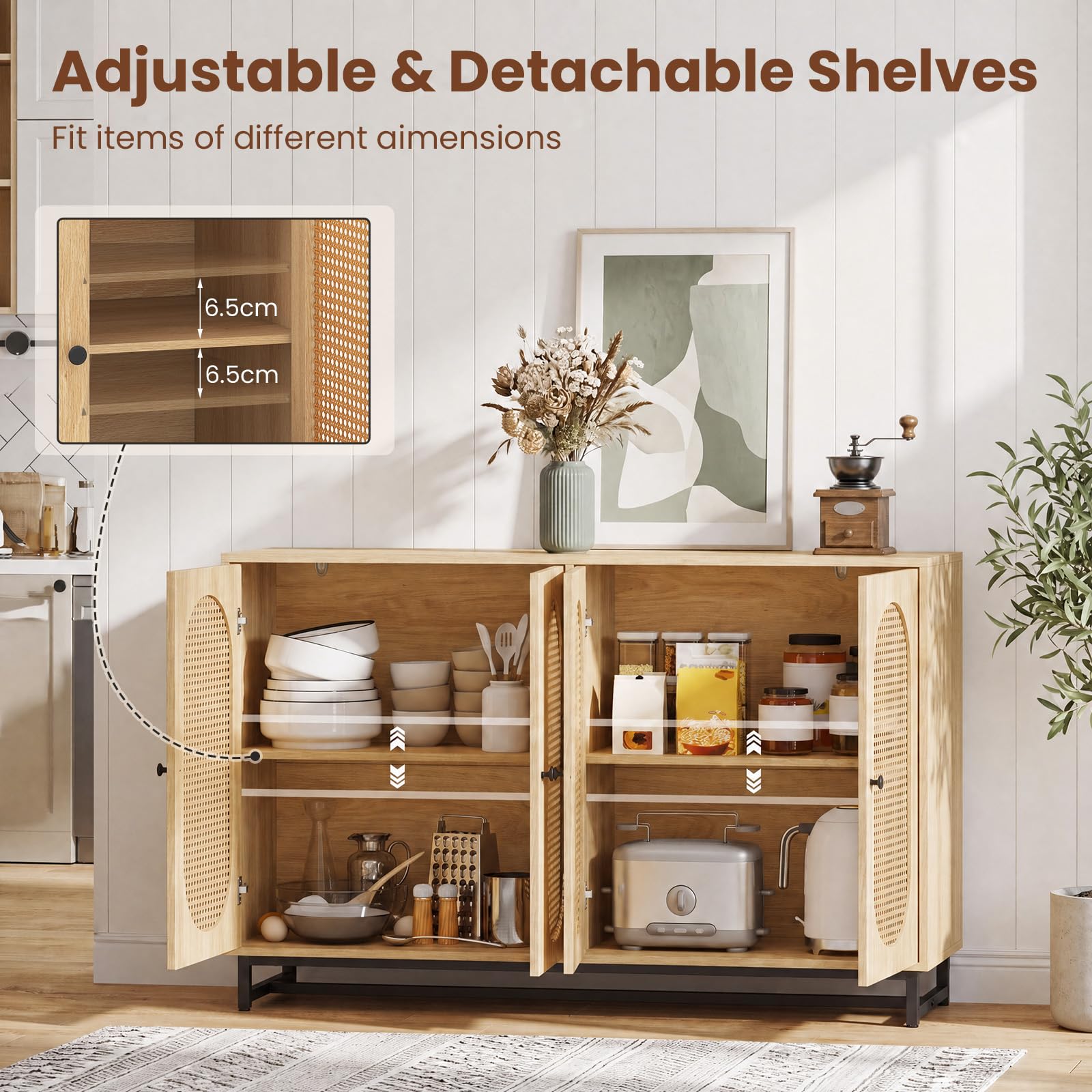 GIANTEX Credenza da Cucina a 4 Ante, con Rattan Decorativo, 126x40x81 cm | Mobile Contenitore Moderno in Legno con Ripiano Regolabile, Dispensa Buffet Lunga e Salvaspazio per Salotto e Ingresso