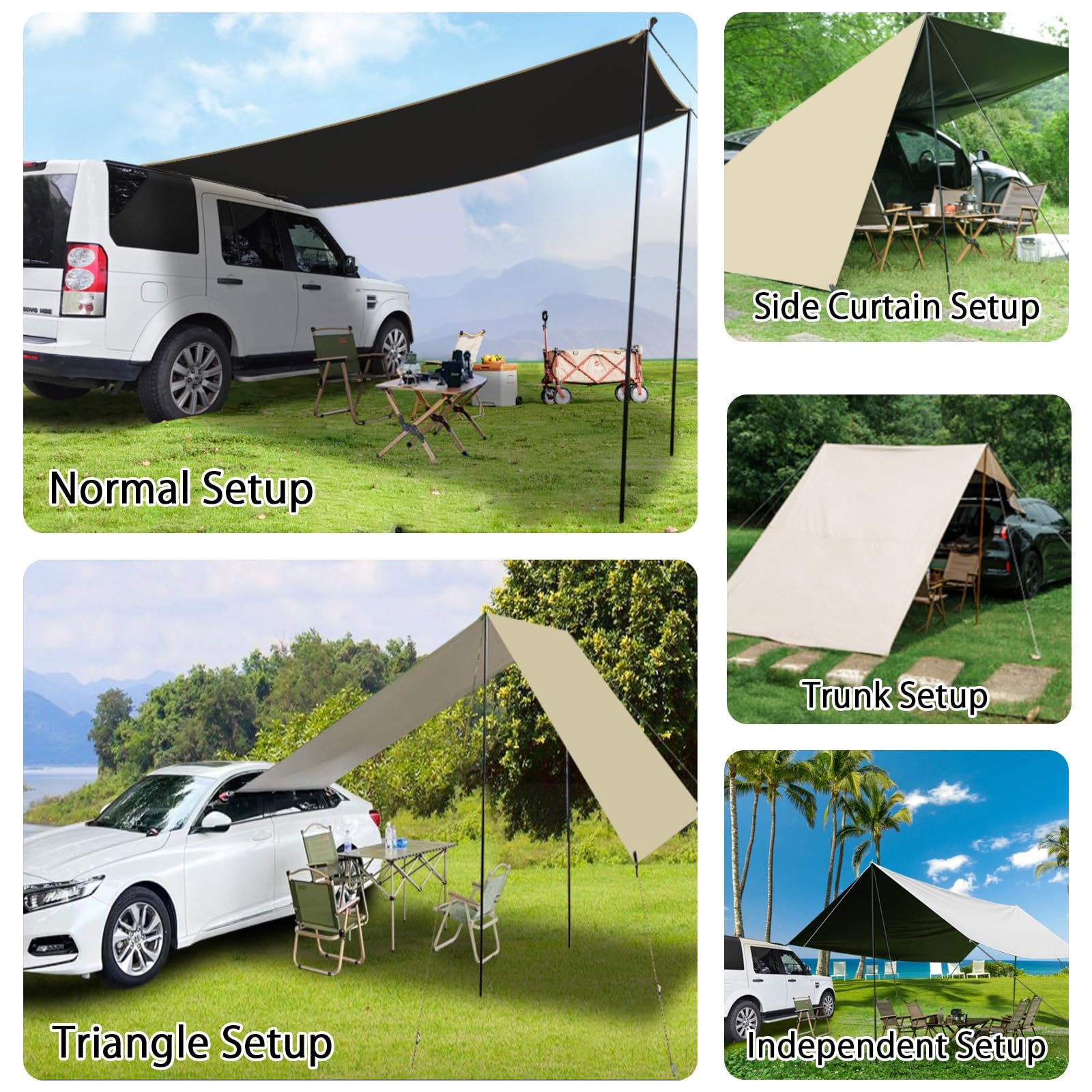 Toldo para coche con ventosas, lona impermeable UV50+ para SUV, camión, camping, múltiples modos de configuración para actividades al aire libre y hamaca, mochilero