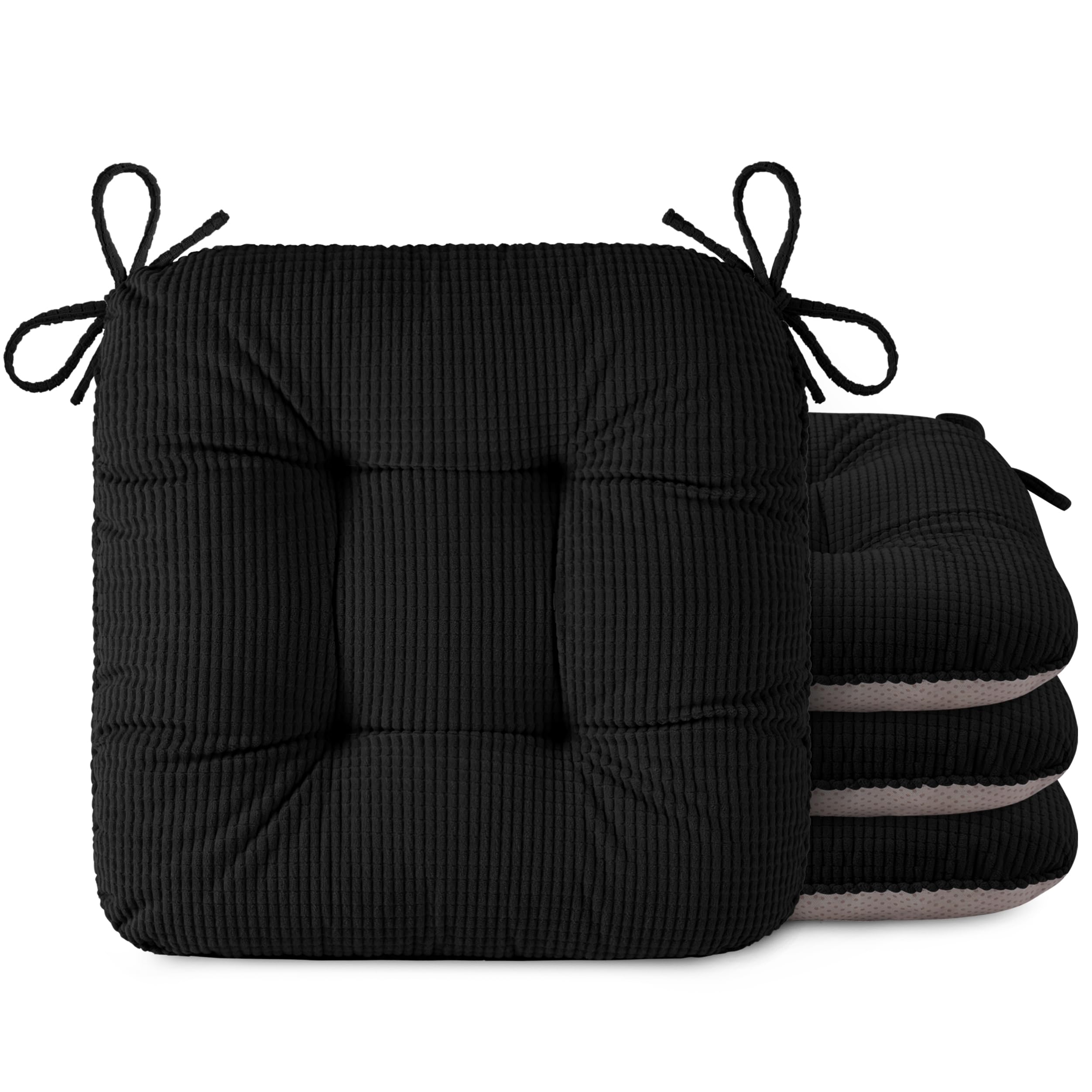 OVOV Chair Cushions for Dining Chairs Set of 4 Chair Cushion with Ties and Non-Slip Backing Tufted Thick Kitchen Chair Pads Made of Soft Fabric 42x40x8cm/17x16x3inch (Black)
