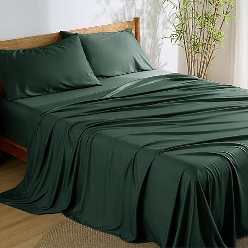Bedsure Queen Sheet Set, Rayon Derived from Bamboo, Cooling Sheets, Breathable & Soft, Deep Pocket Up to 16 Inches, Hotel Luxury Silky Bedding for Hot Sleepers, Forest Green - 26 - Forest Green - Queen