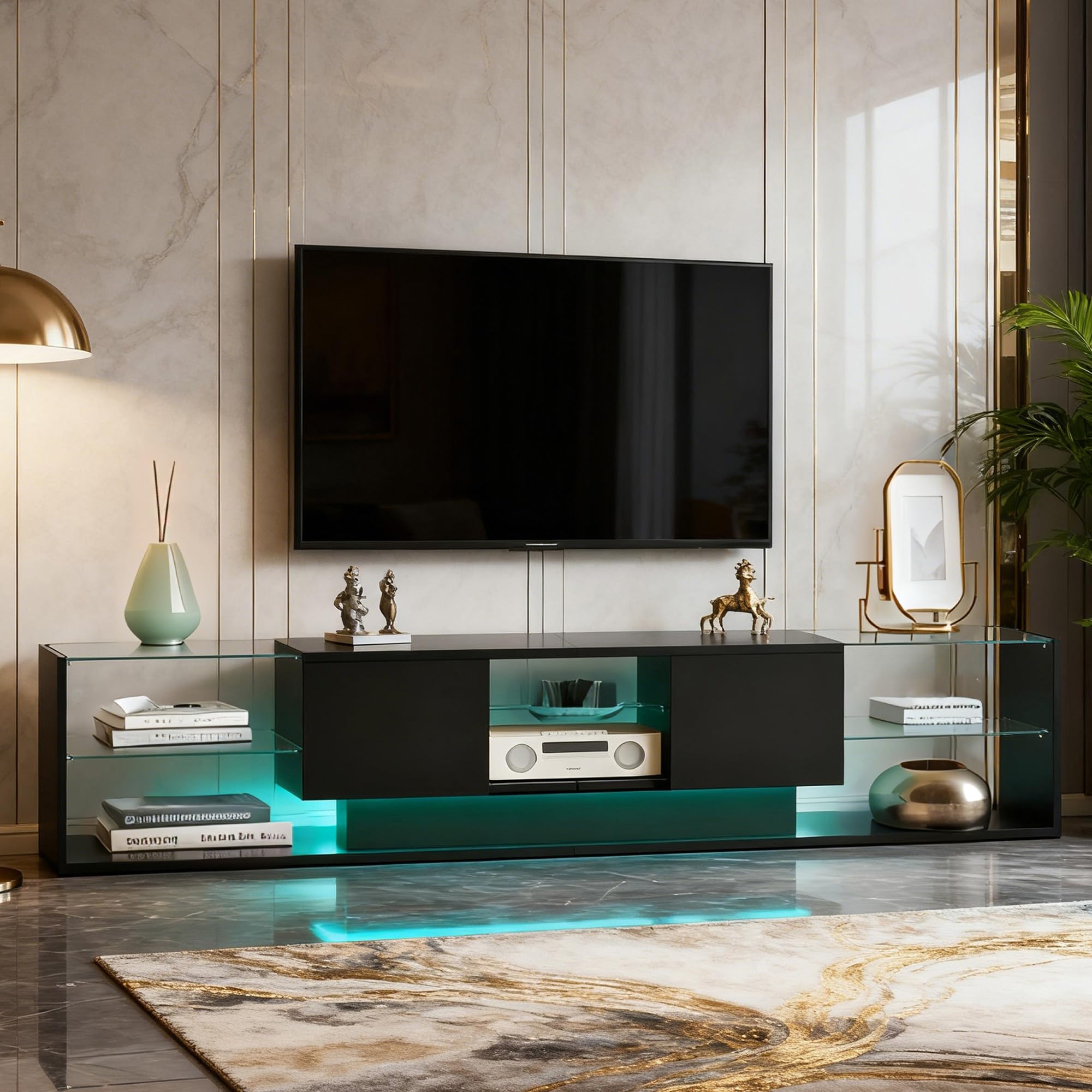 Mueble TV negro con luces LED, moderno mueble de TV de 200 cm con 2 cajones y estantes de cristal, mesa Tele banco TV para salón o dormitorio (negro, 200 x 35 x 45 cm)