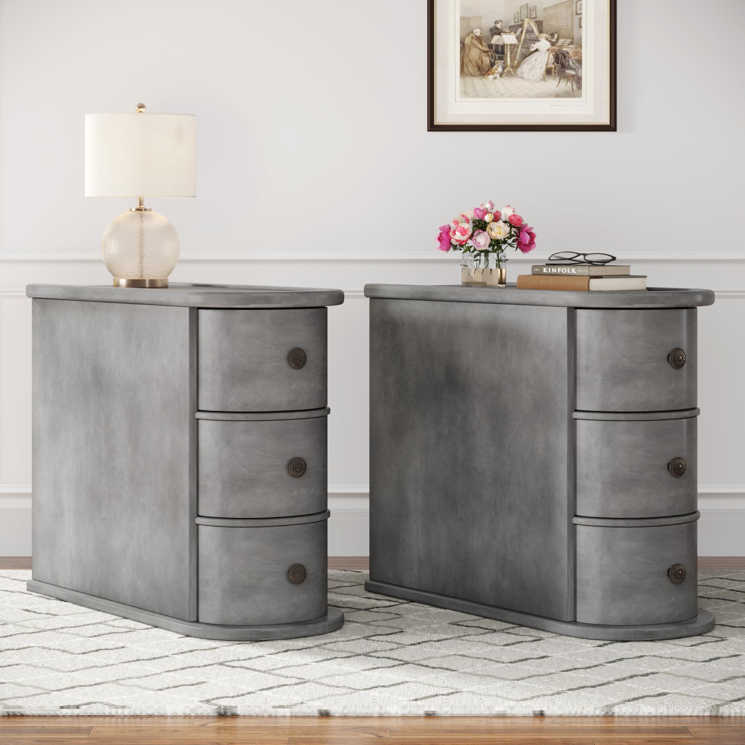 3 Drawers Wood End Table, No Assembly Required Narrow Sofa Side Table for Living Room, Vintage Slim Nightstand Bedside Table for Bedroom, Finished Back (3 Drawers, Grey, 2 Pcs)
