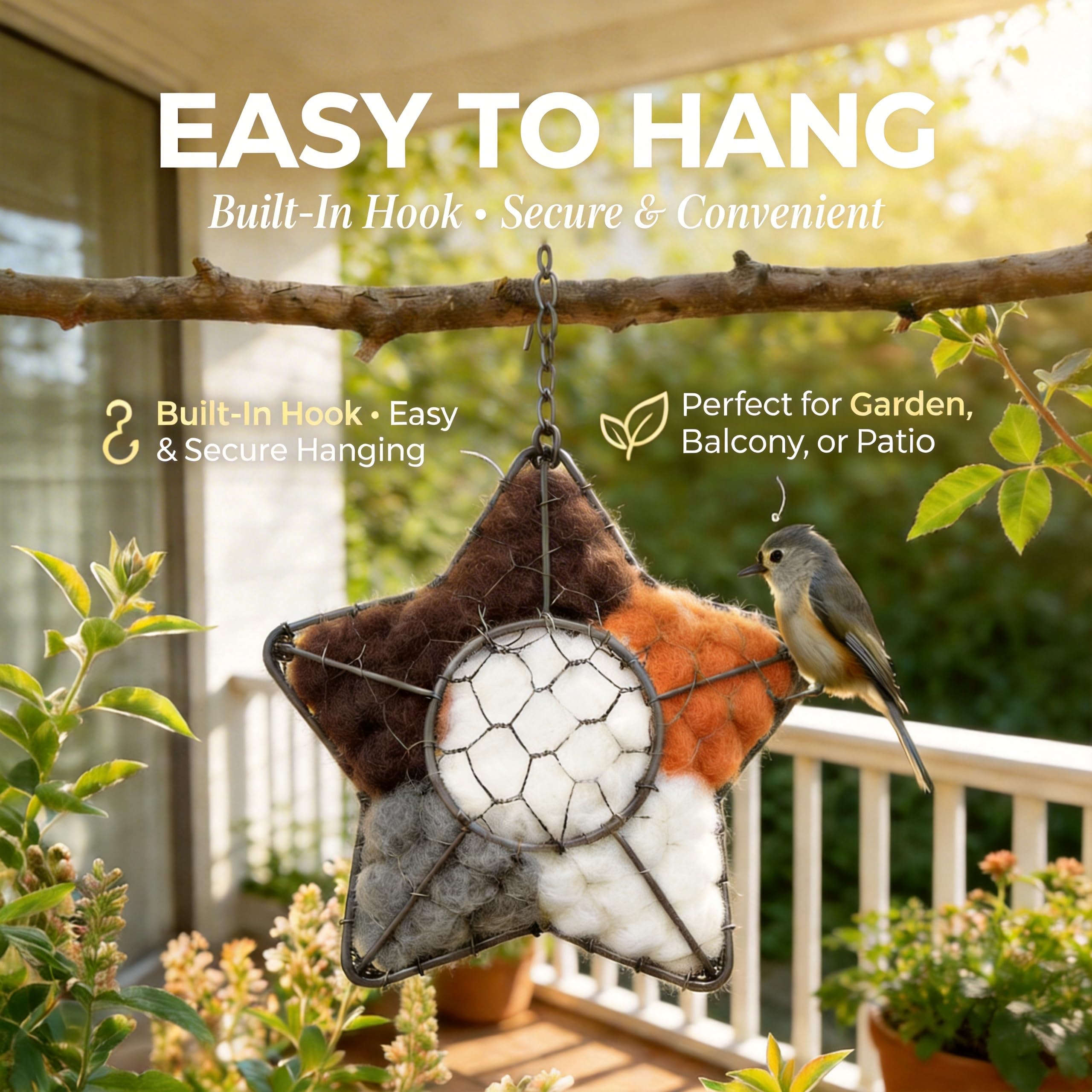 Star Bird Nesting Material Holder, Alpaca Fiber Bird Nesting Material Hanger for Hummingbirds, Refillable Nesting Dispenser – 7.5x6.7in, Handmade Garden Decor, Winter Spring Shelter - 5