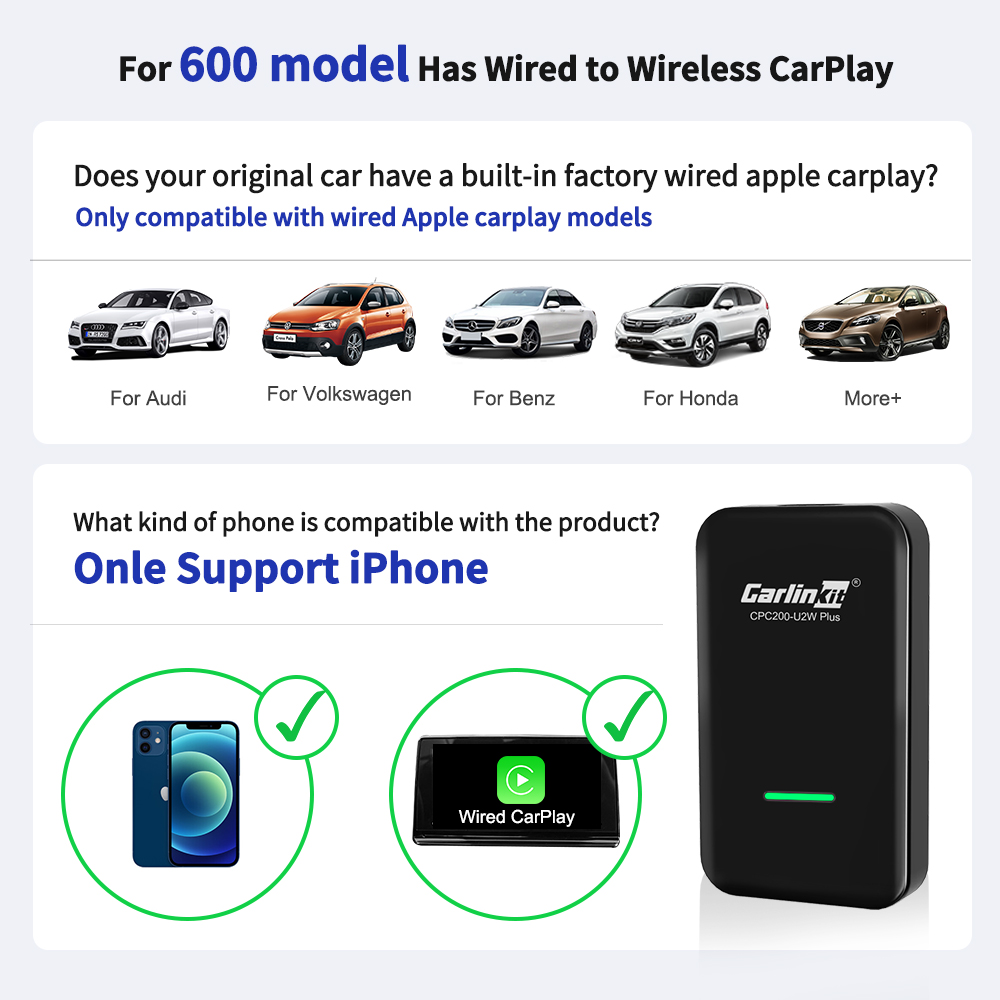 Carlinkit 2 0 Wireless Carplay Dongle Adpater For Factory Wired Carplay Cars Compatible With Audi Porsche Volvo Mercedes Volkswagen Kia Hyundai Online Upgrade Ios14 Or Above Usb Type C Amazon Ca Electronics