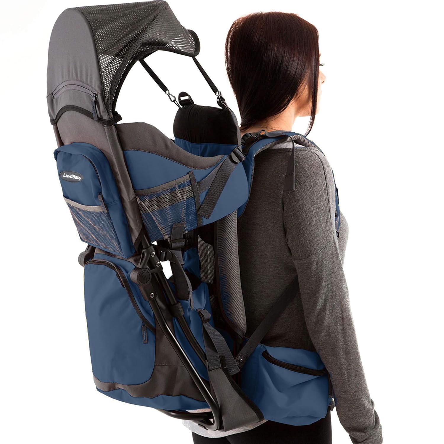 Hiking Baby Carrier Backpack - Comfortable Toddler/Baby Backpack Carrier System with Diaper Change Pad, Insulated Pocket + Rain and Sun Hood to Protect Your Child Navy/Grey