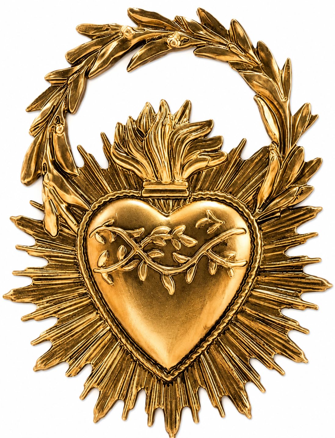 Générique Ex-Voto Sacro Cuore Decorativo, Corona di alloro dorata, bella fattura, dimensioni 11,4 cm x 8,9 cm, perfetto per collezionisti di ex voti