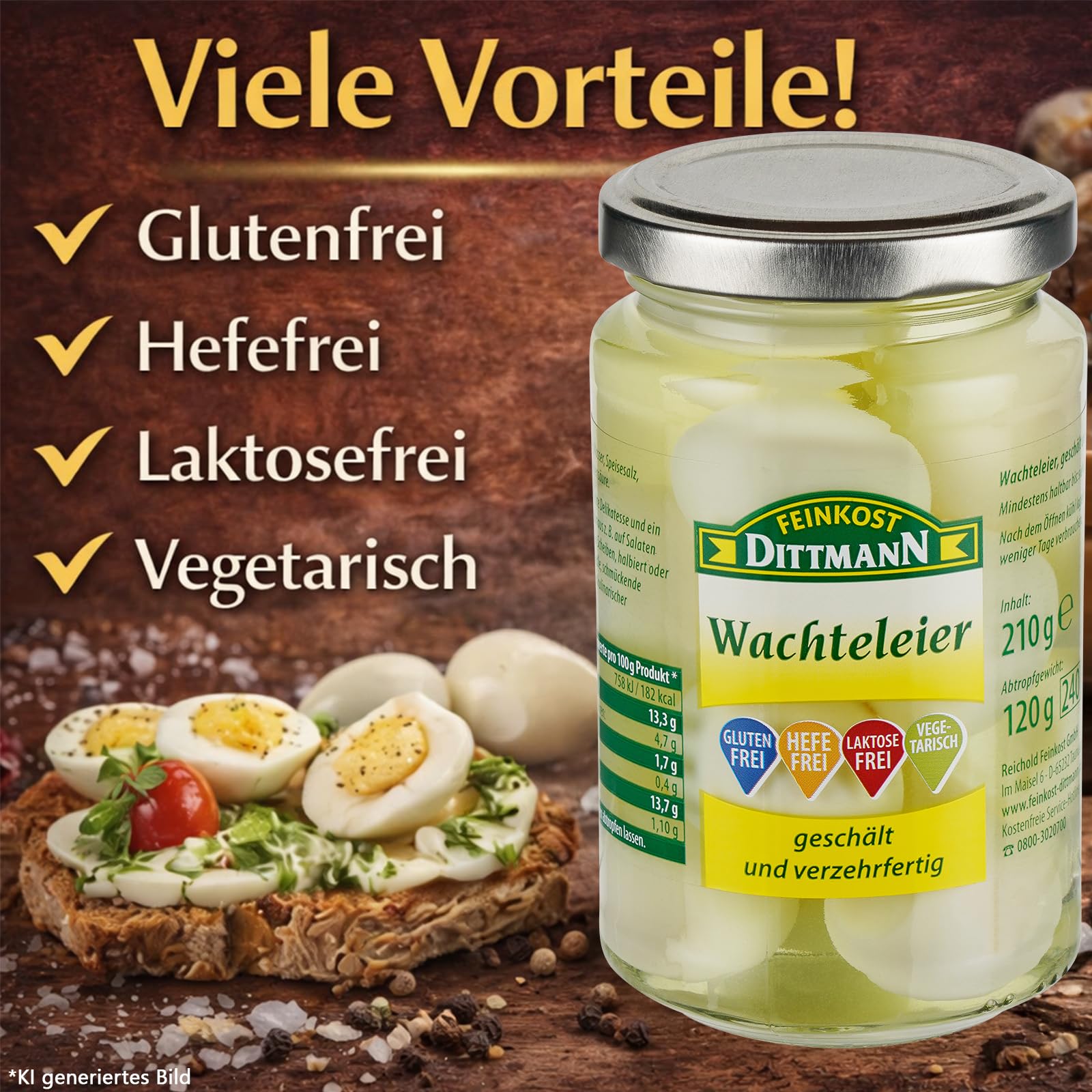 Feinkost Dittmann Wachteleier 220g Glas – 3er Pack | Delikatesse in salzig-saurer Lake, lange haltbar, mini Eier, Quail Eggs