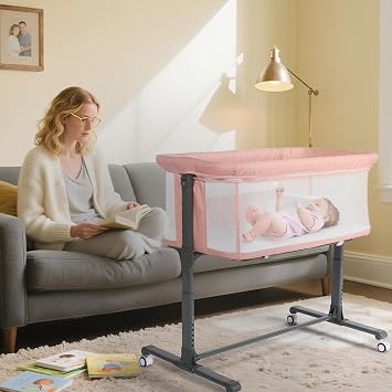Baby Bassinet, Portable Bedside Sleeper w/Adjustable Height, Pink