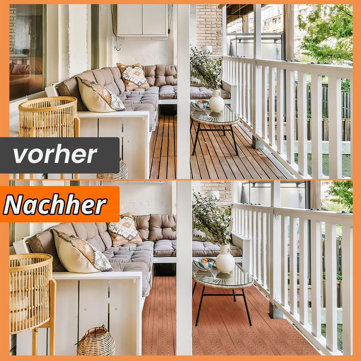 Ikodm WPC Terrassenfliese 30x60cm, Klickfliese, Balkonfliese, braun, wasserfest, korrosionsbeständig, einfach zu verlegen (6 er Pack -1m²)
